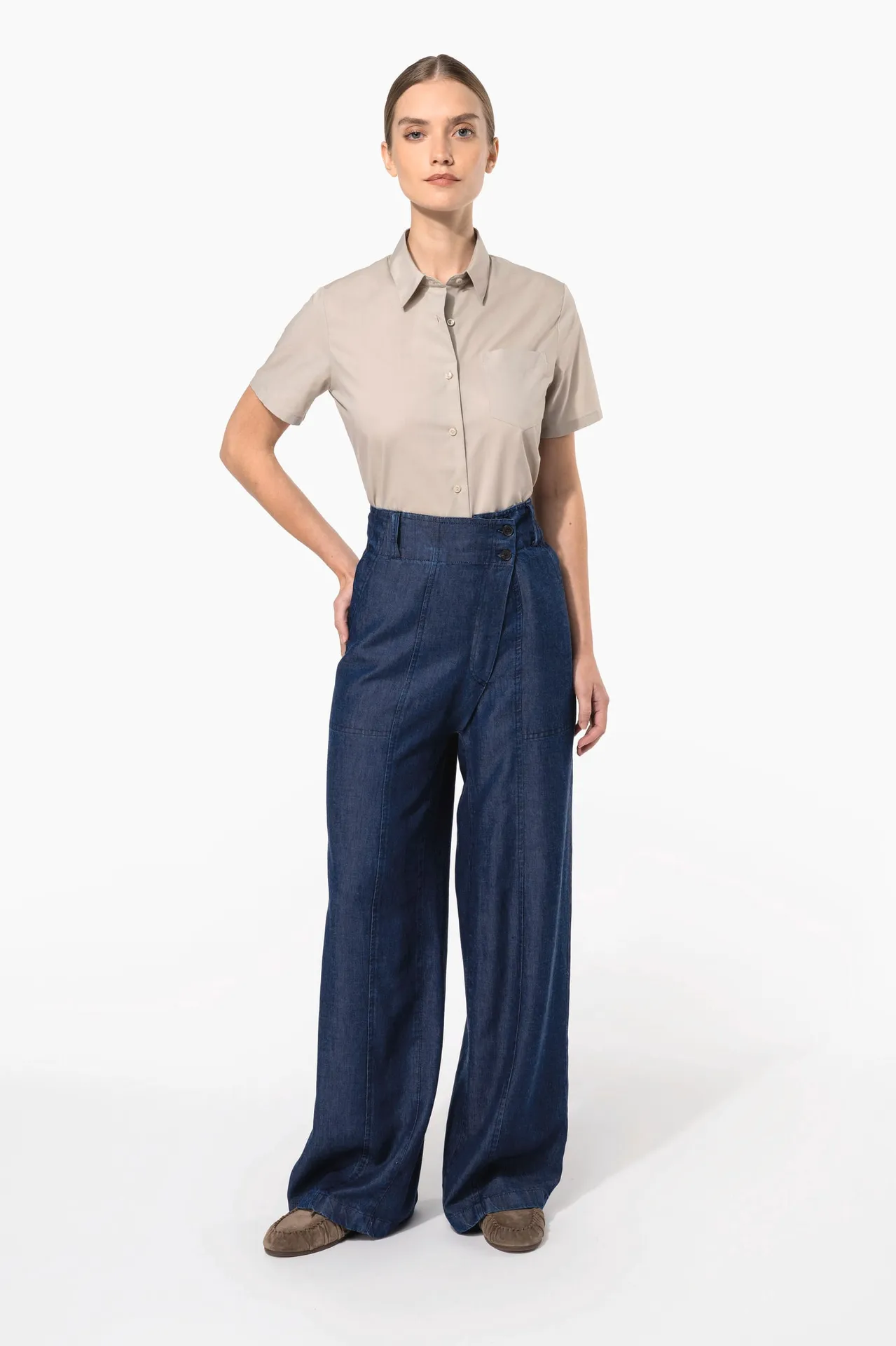 Popeline-Kurzarmhemd Baumwollpolyester pflegeleicht für Damen