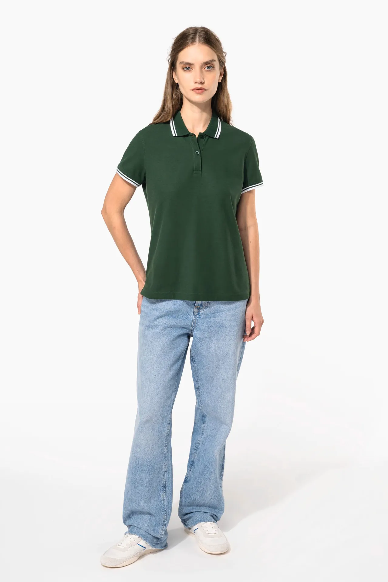 Damen Poloshirt mit kurzen Ärmeln und kontrastfarbenen Paspeln