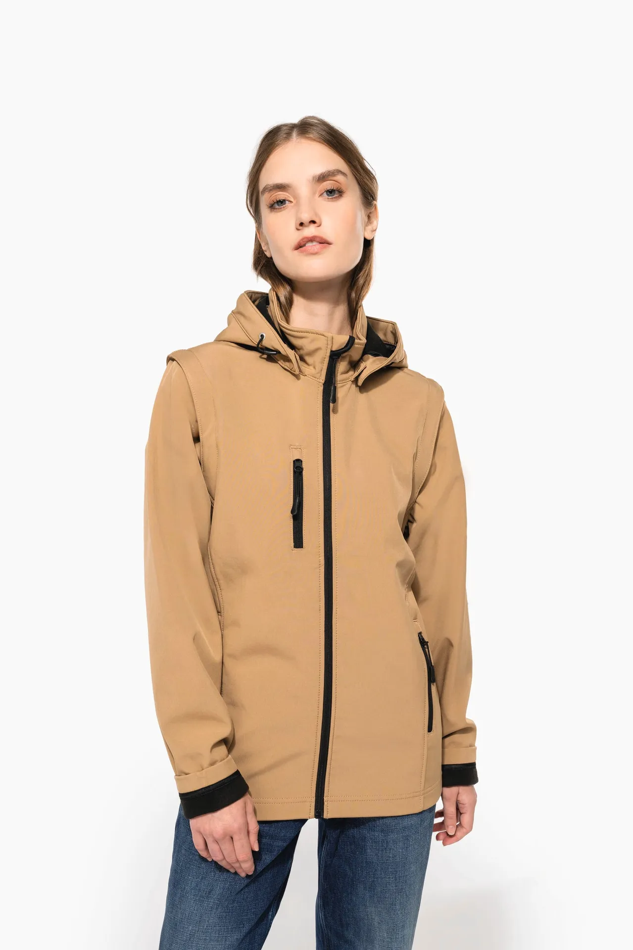 3-lagige Unisex-Softshell-Jacke mit Kapuze und abnehmbaren Ärmeln