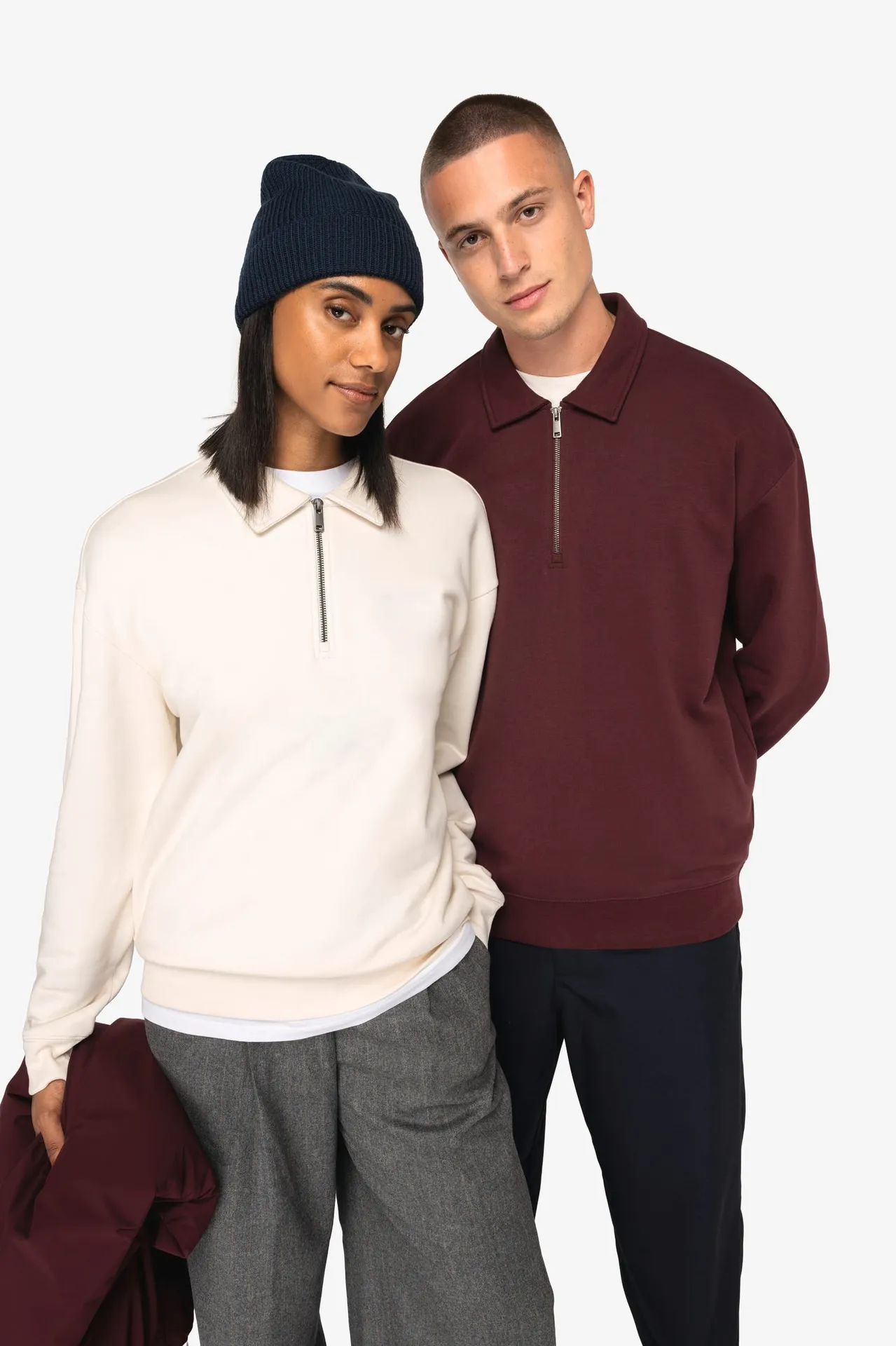 Umweltfreundliches Unisex-Sweatshirt mit Reißverschluss, Polokragen und überschnittenen Schultern