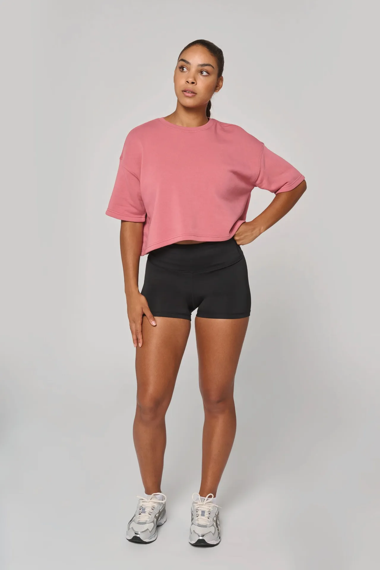 Damen Cropped-Sweatshirt mit kurzen Ärmeln und Rundhalsausschnitt