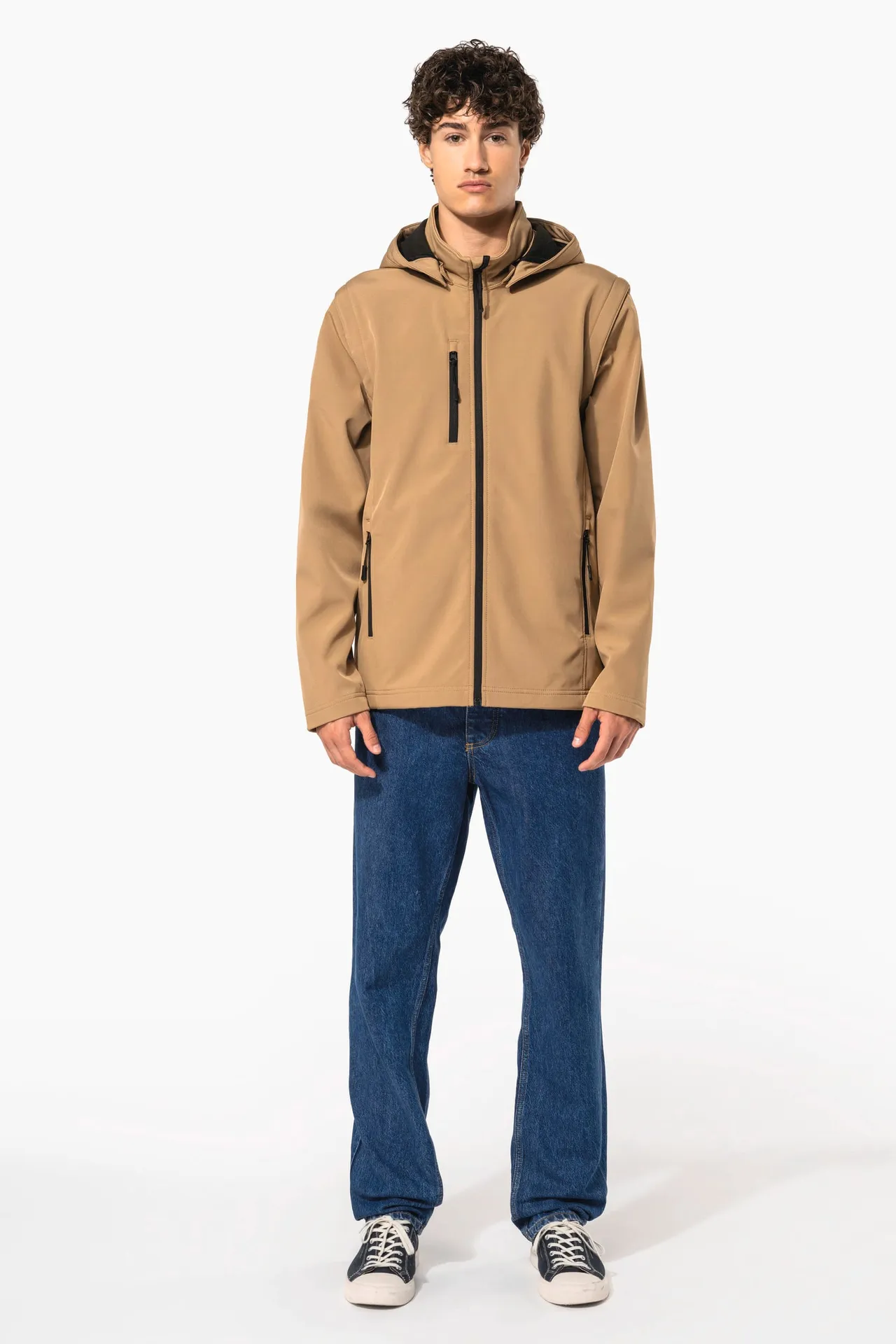 3-lagige Unisex-Softshell-Jacke mit Kapuze und abnehmbaren Ärmeln