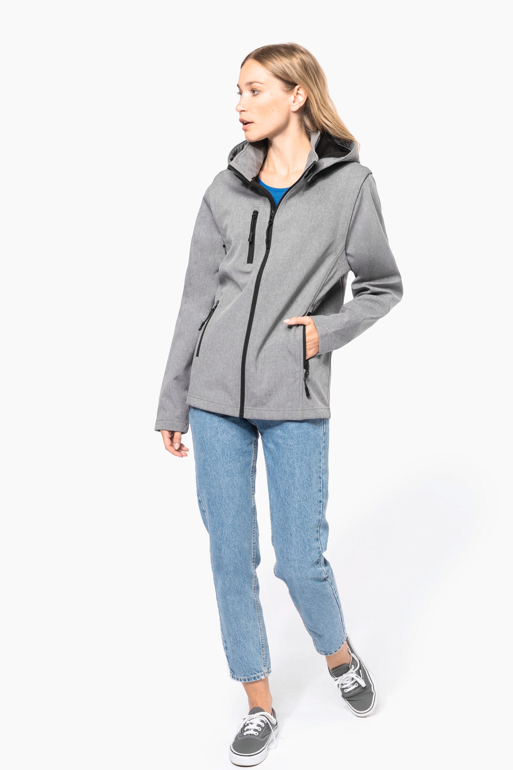 3-lagige Unisex-Softshell-Jacke mit Kapuze und abnehmbaren Ärmeln