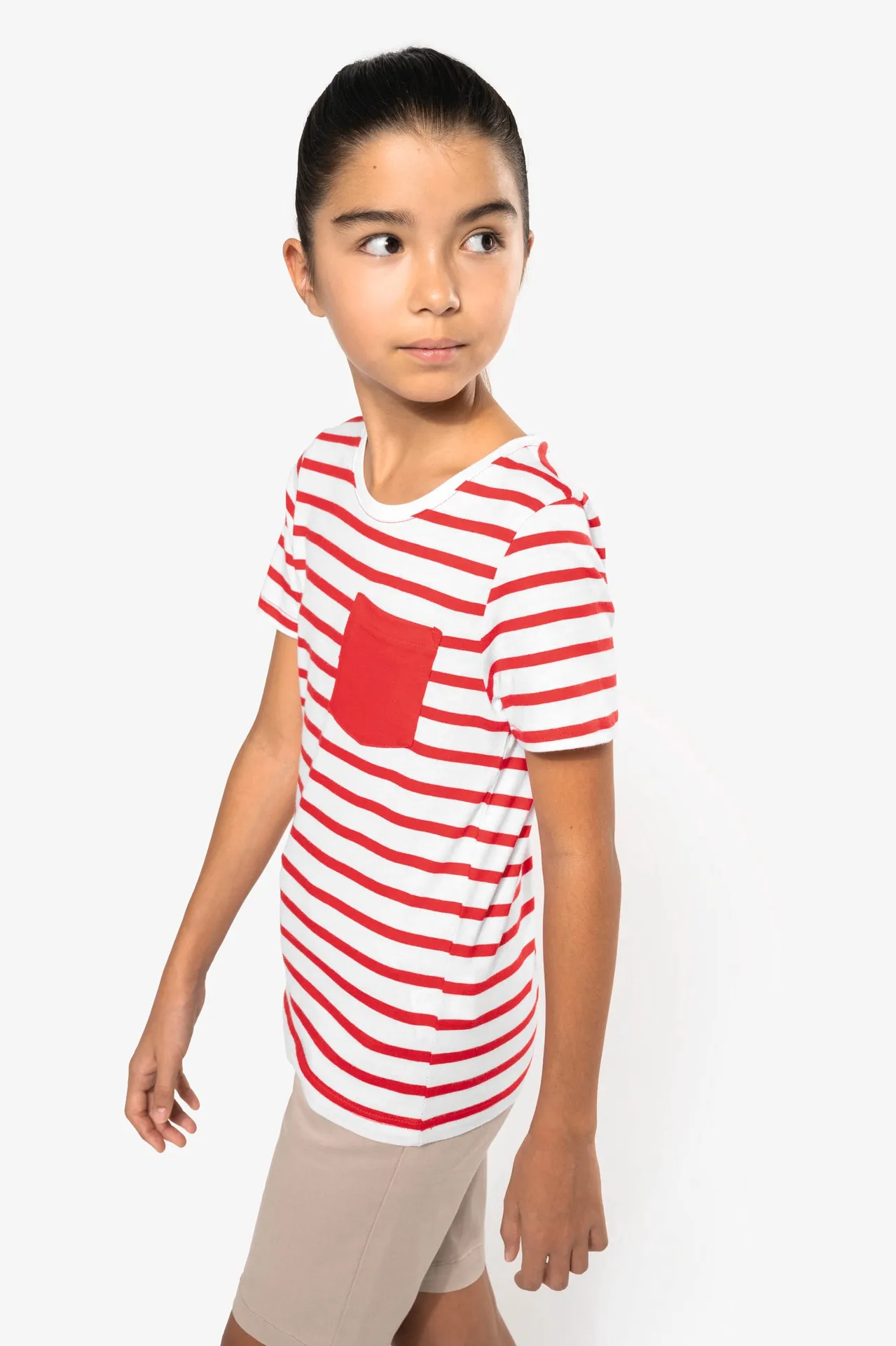 Gestreiftes Kurzarm-T-Shirt mit Tasche für Kinder im Marine-Stil