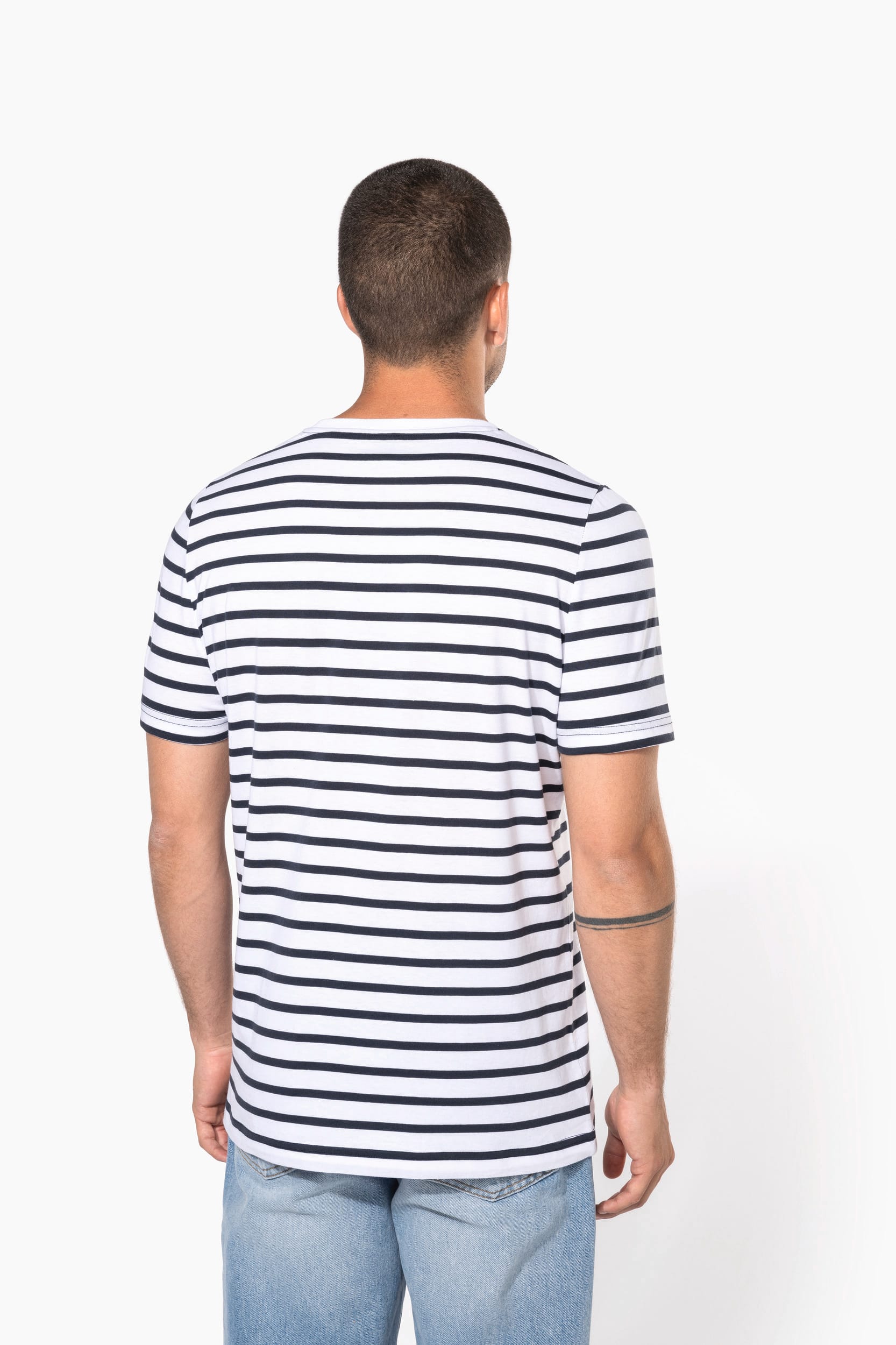 Gestreiftes Kurzarm-T-Shirt im Marine-Stil mit Tasche