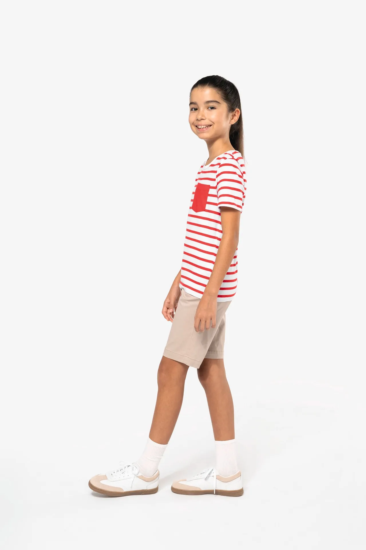 Gestreiftes Kurzarm-T-Shirt mit Tasche für Kinder im Marine-Stil