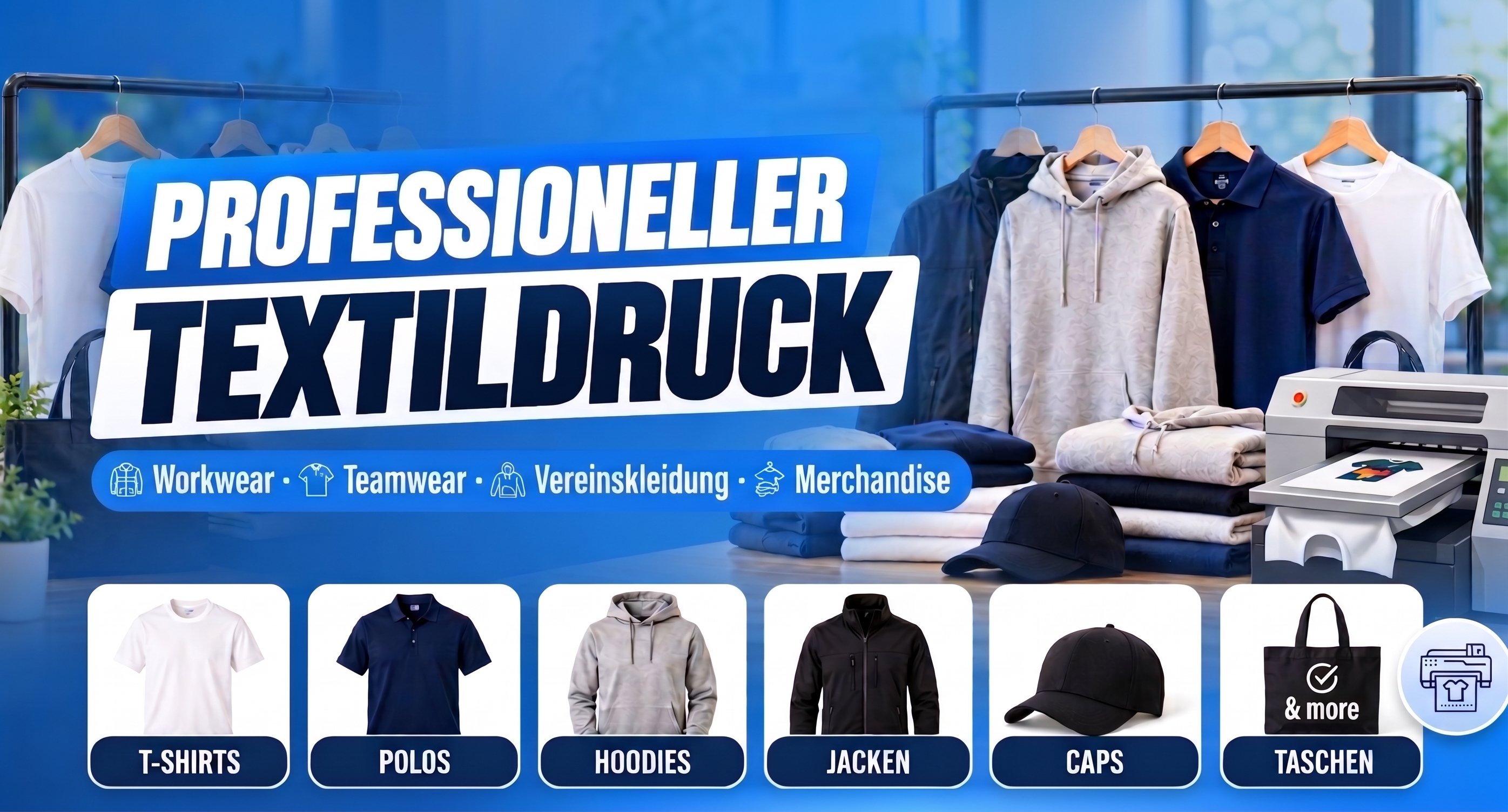 Professioneller Textildruck bei Stickerei Avanta in Berlin für Workwear, Teamwear, Vereinskleidung und Merchandise mit T-Shirts, Poloshirts, Hoodies, Jacken, Caps und Taschen.