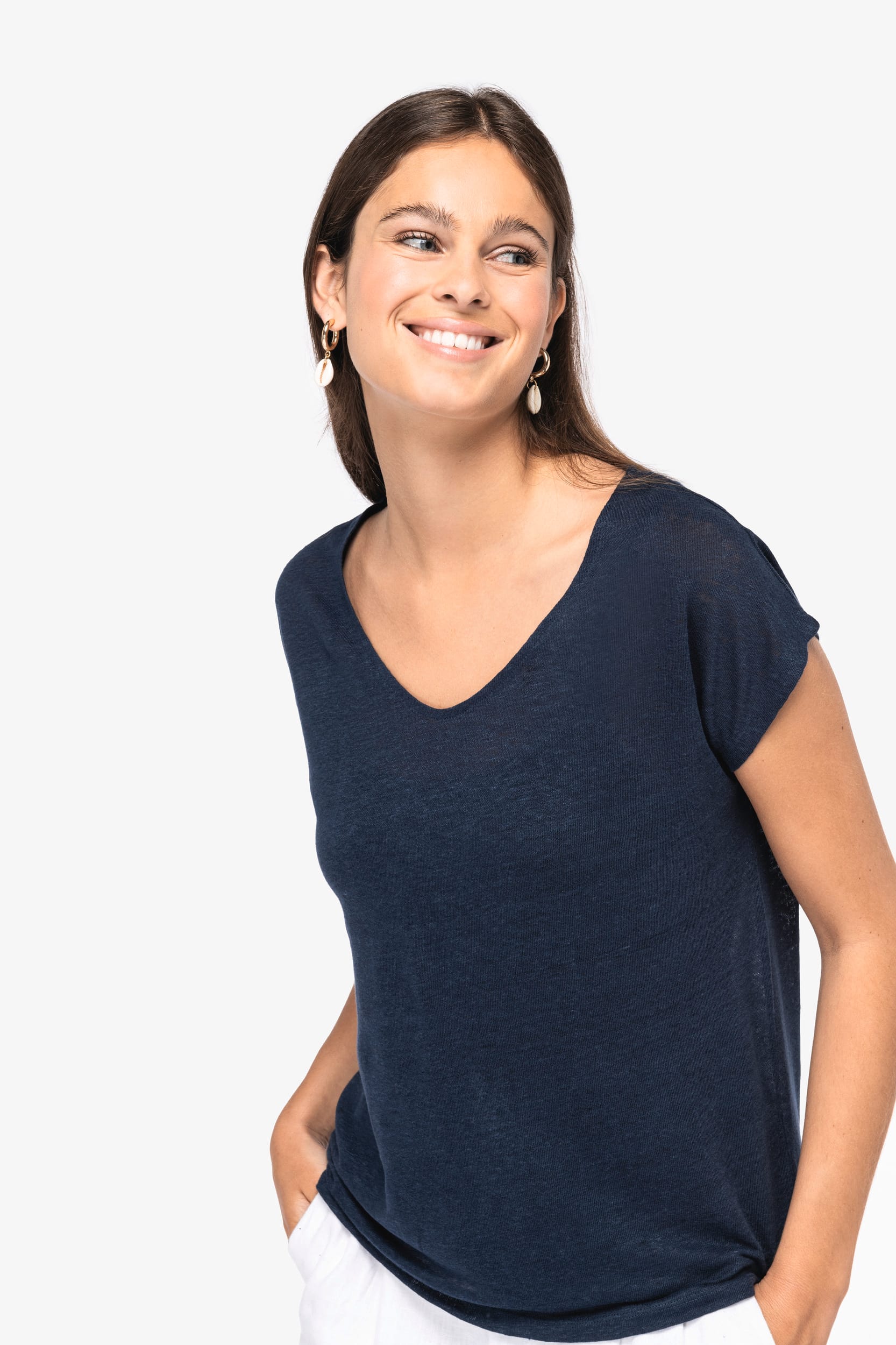 Damen-T-Shirt aus Leinen mit V-Ausschnitt