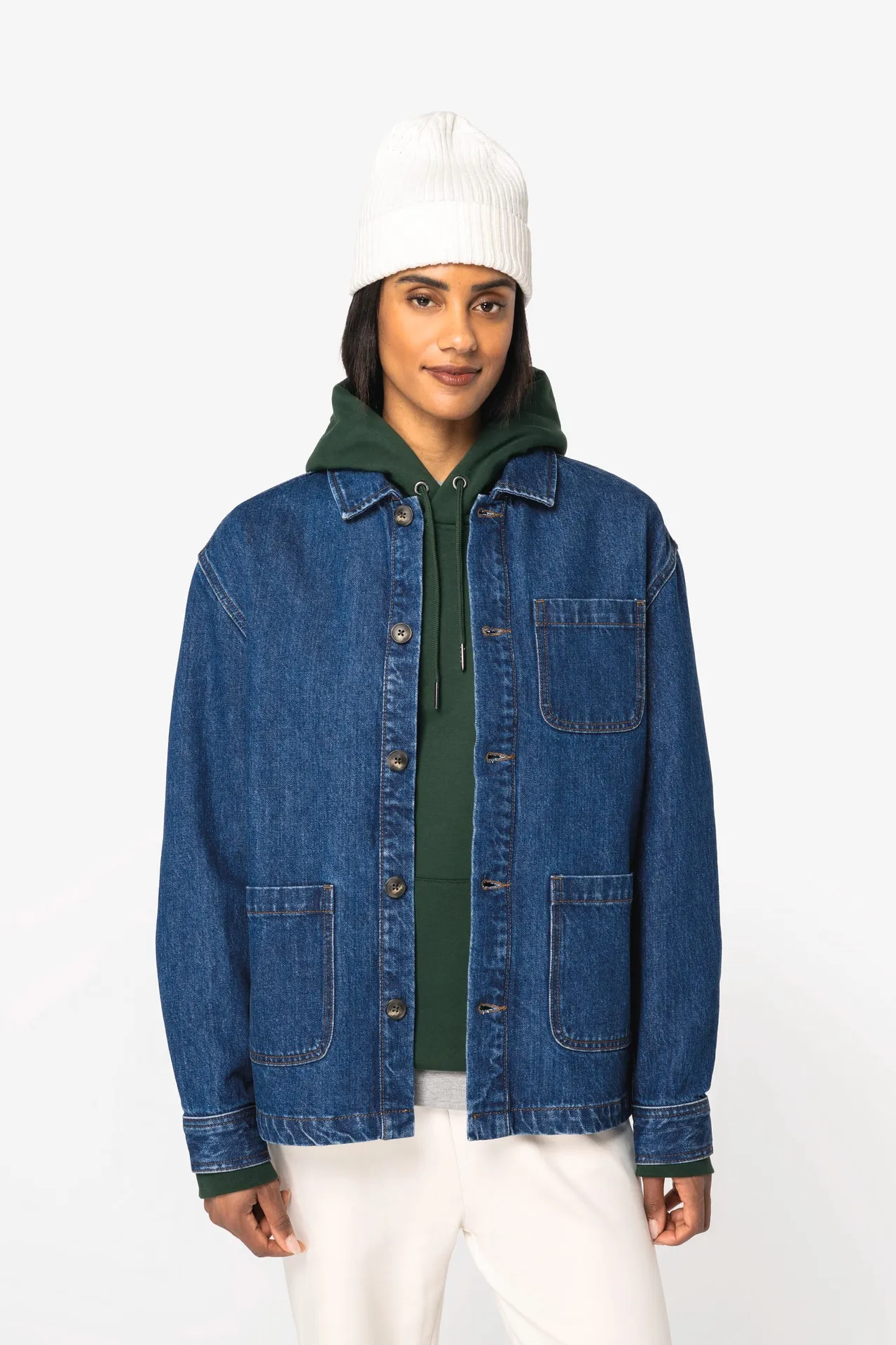 Umweltfreundliche Unisex-Jeansjacke mit überschnittenen Schultern