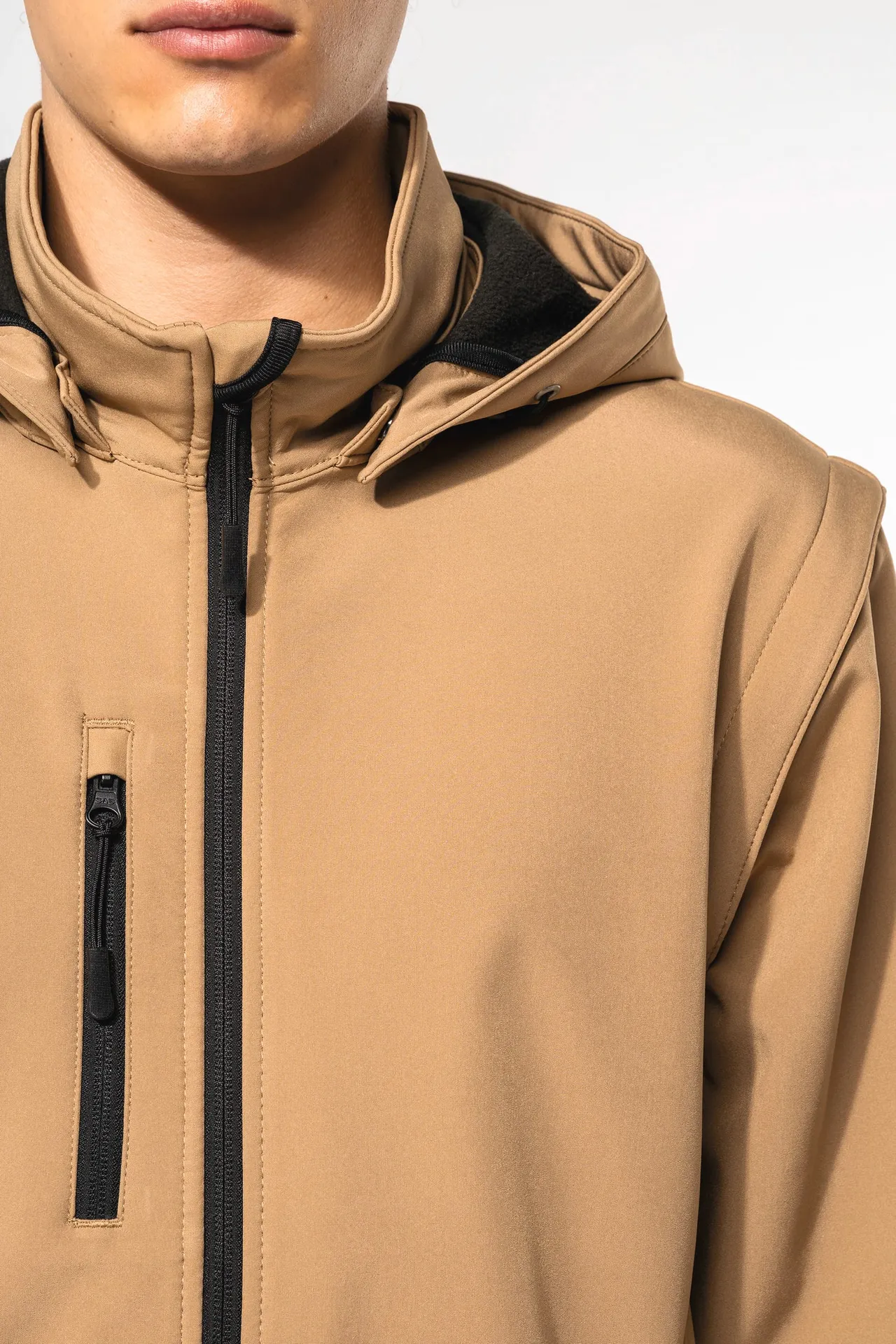 3-lagige Unisex-Softshell-Jacke mit Kapuze und abnehmbaren Ärmeln