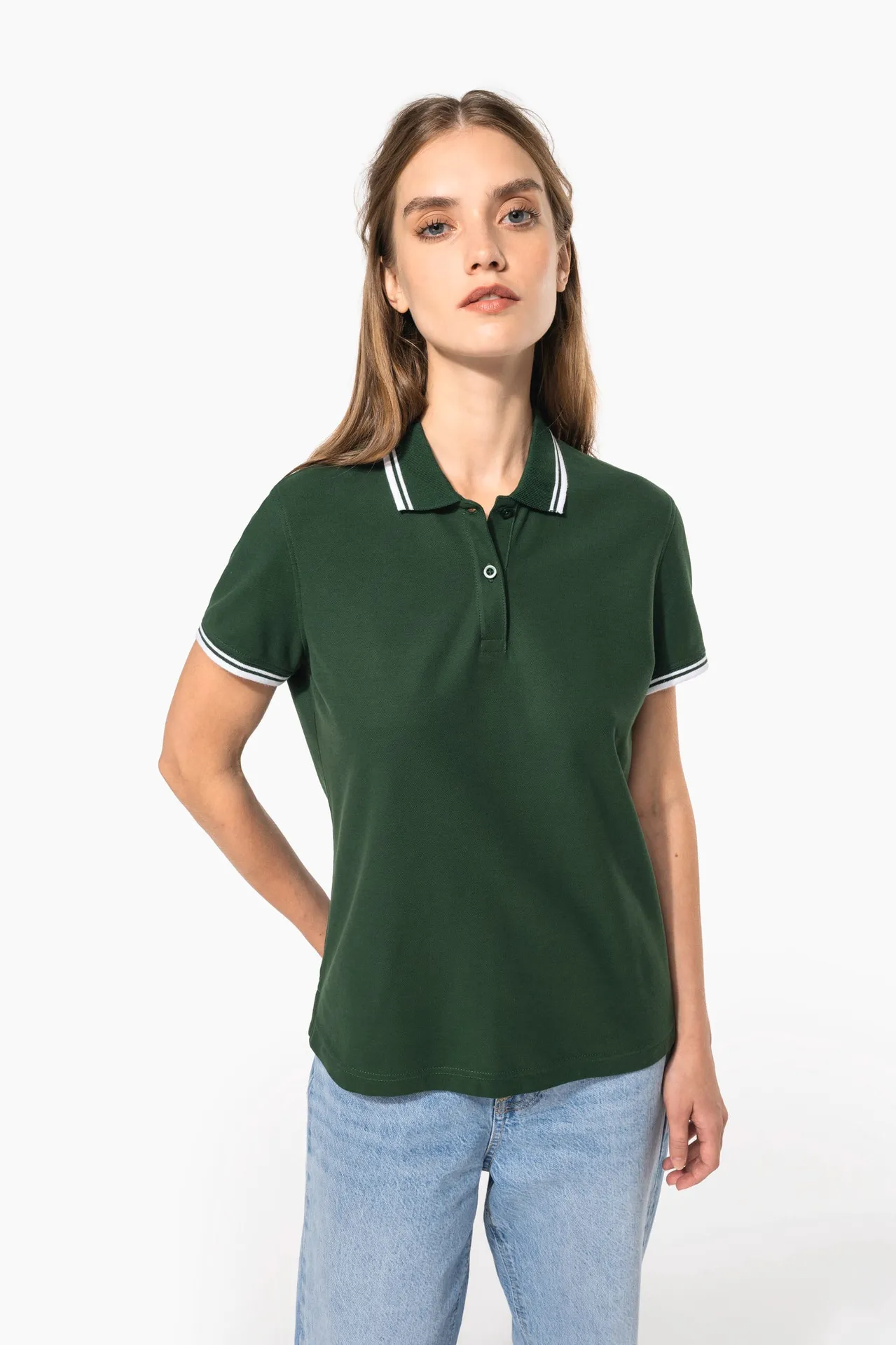 Damen Poloshirt mit kurzen Ärmeln und kontrastfarbenen Paspeln