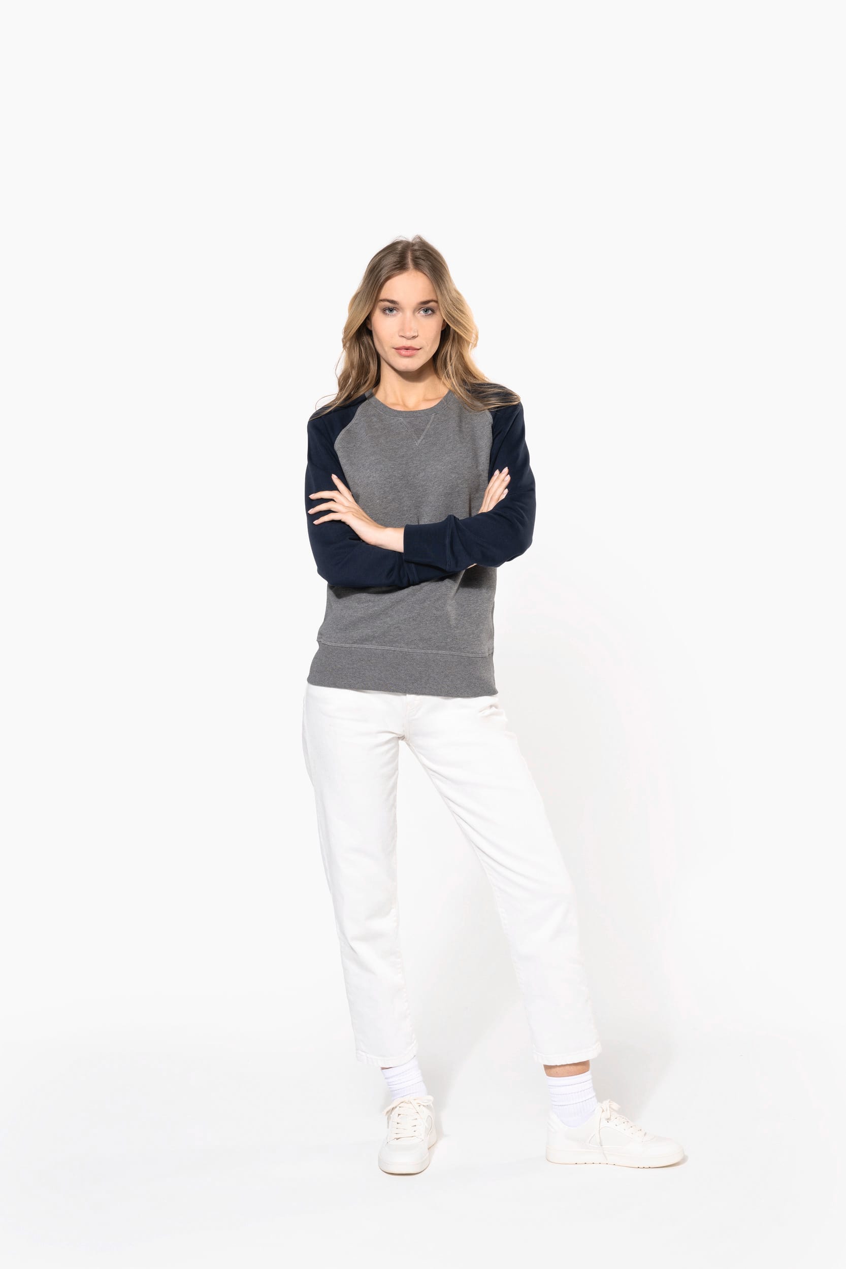 Zweifarbiges Damen-Sweatshirt French Terry BIO mit Rundhalsausschnitt und Raglanärmeln