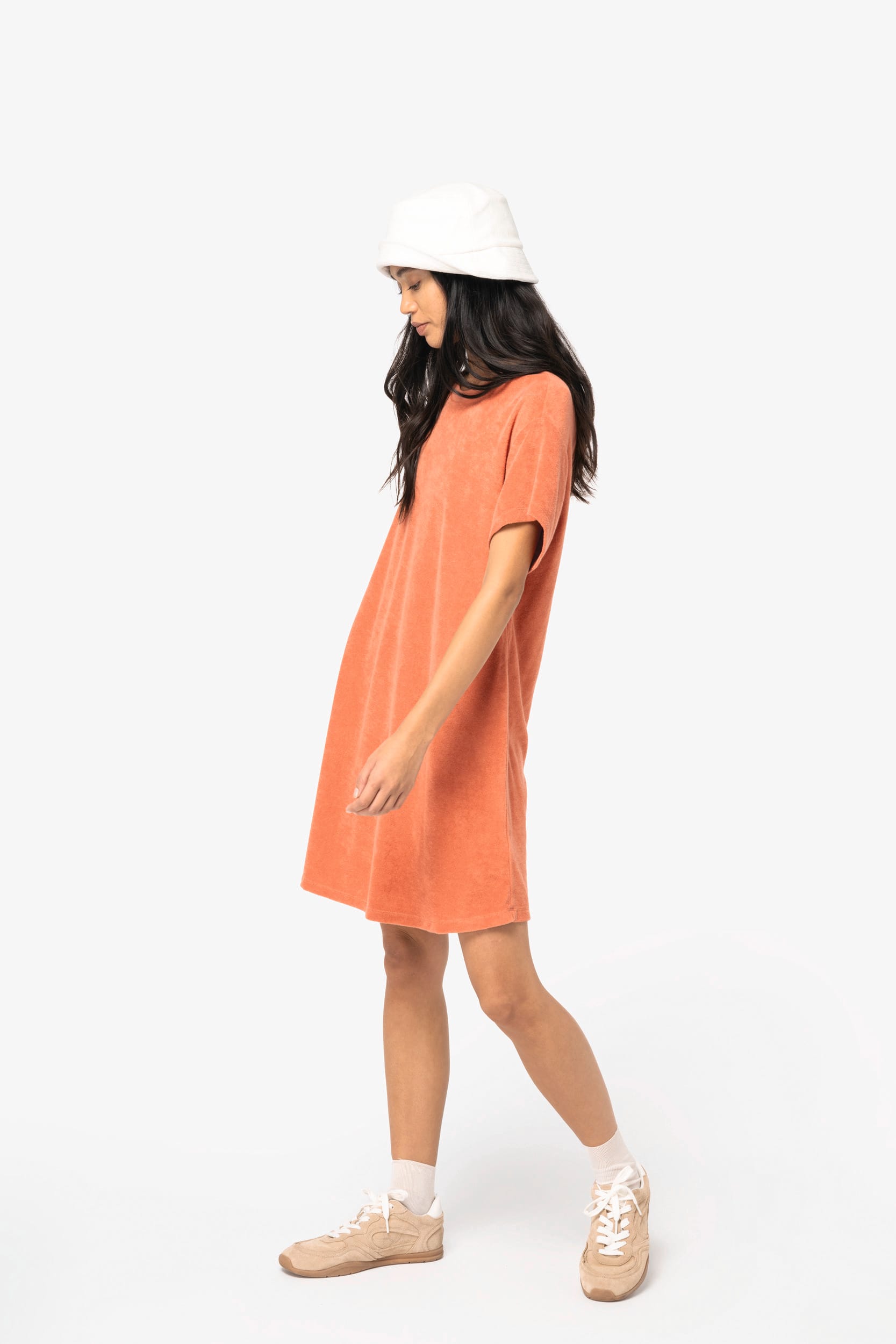 Umweltfreundliches Damen-T-Shirt-Kleid aus Frottee mit überschnittener Schulterpartie