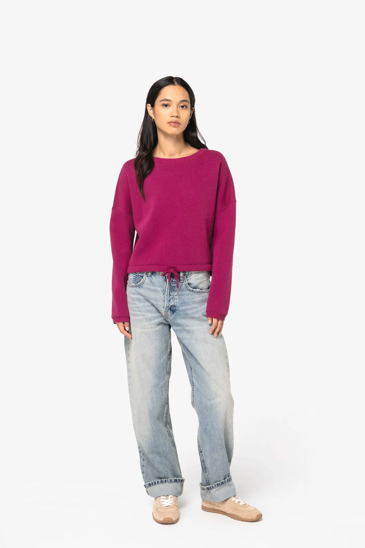 Umweltfreundliches cropped Oversize Damen Sweatshirt mit Rundhalsausschnitt
