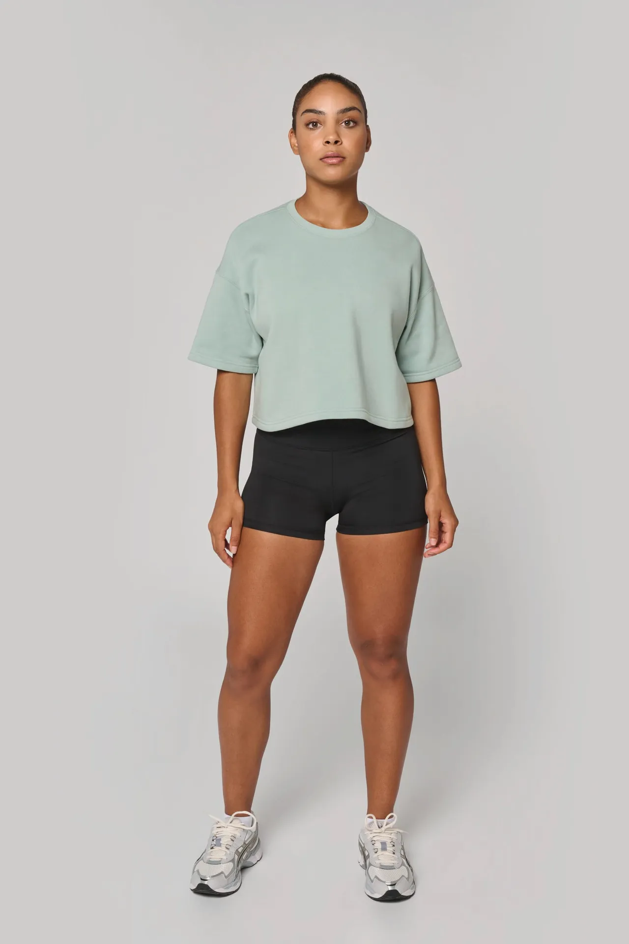 Damen Cropped-Sweatshirt mit kurzen Ärmeln und Rundhalsausschnitt