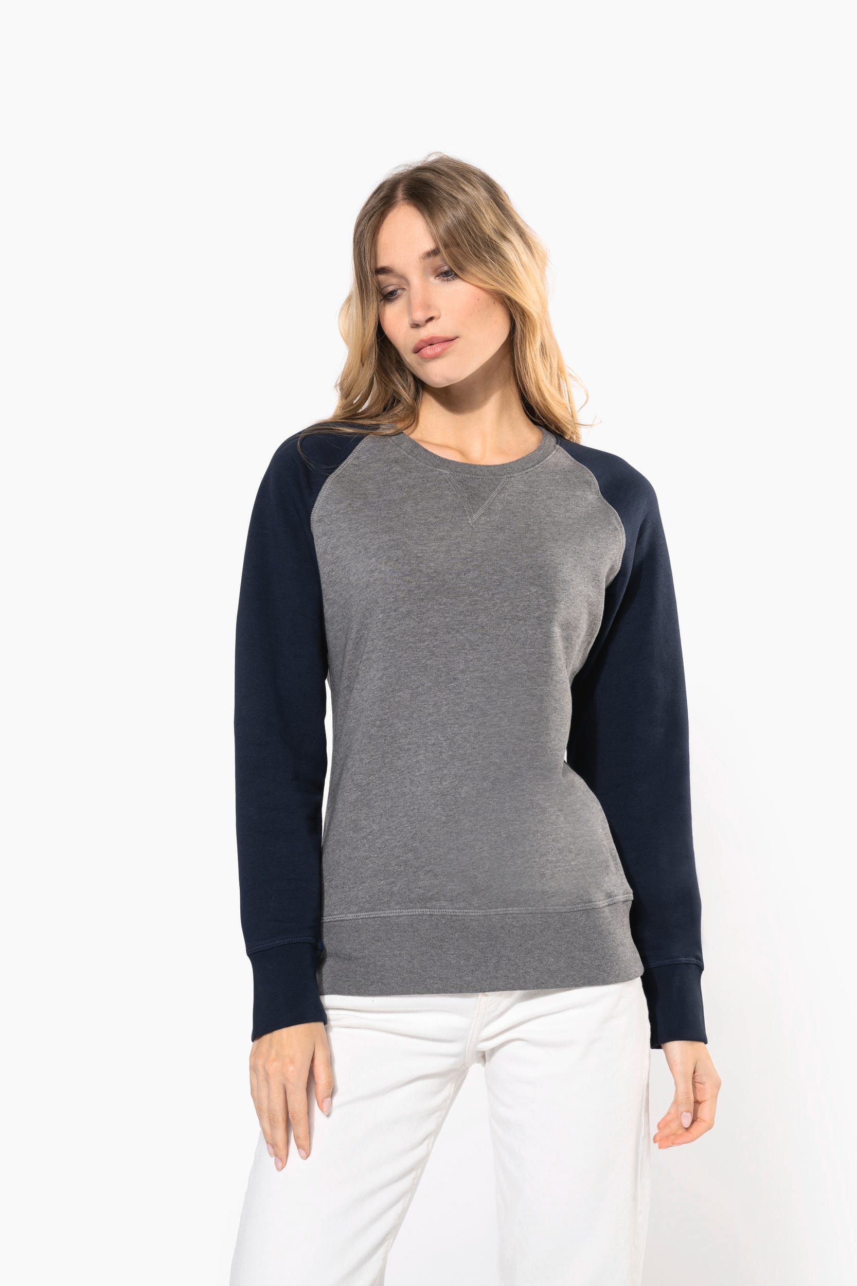 Zweifarbiges Damen-Sweatshirt French Terry BIO mit Rundhalsausschnitt und Raglanärmeln