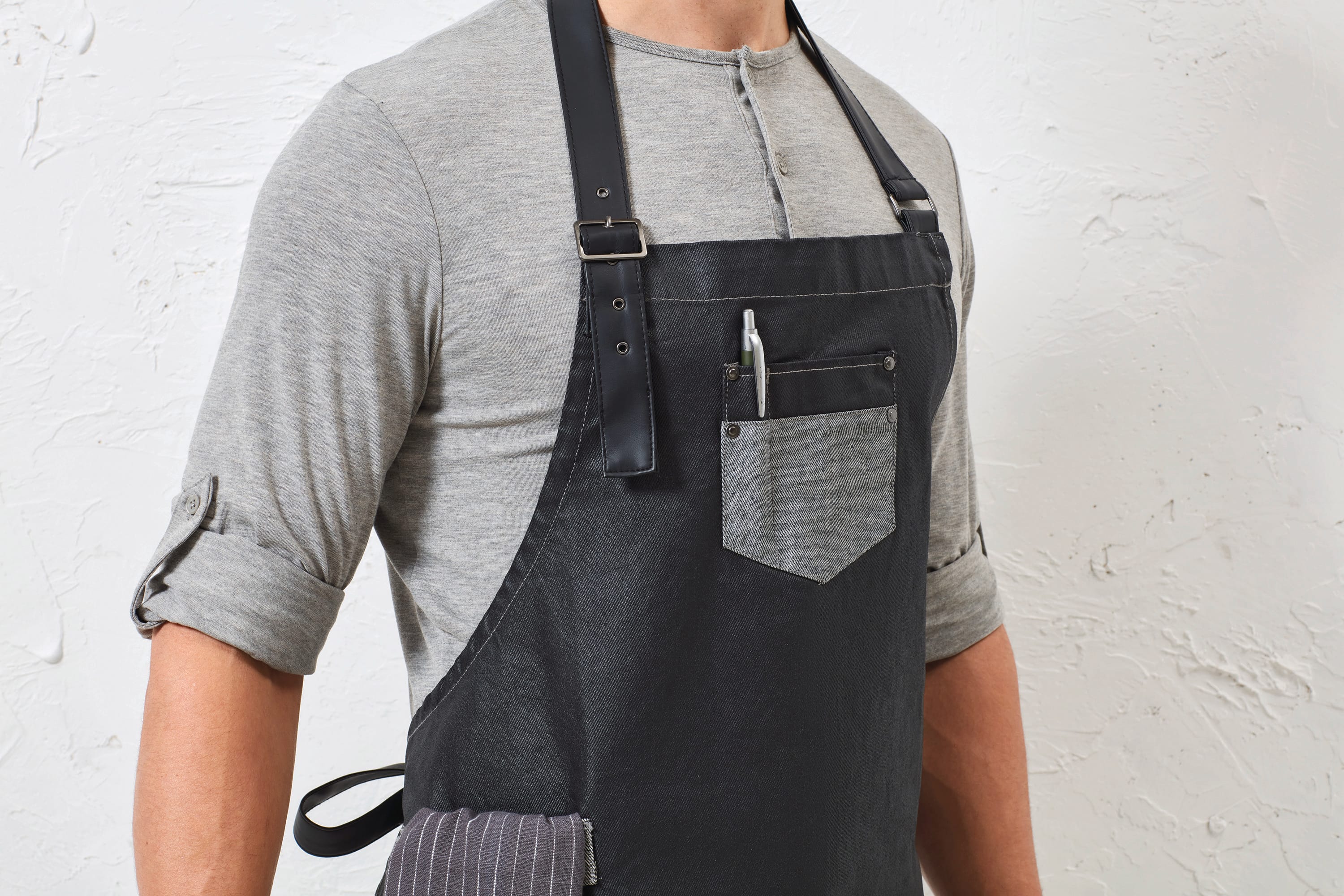 Division - Waxed look denim bib apron with faux leather