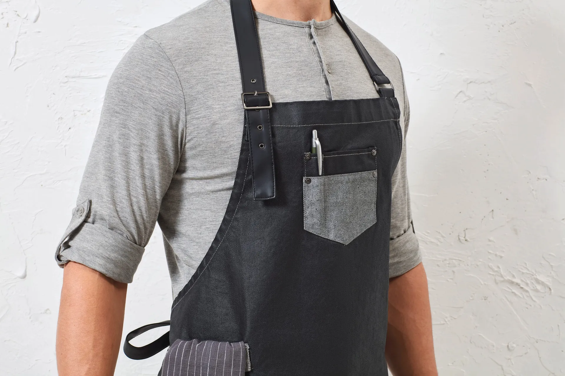 Division - Waxed look denim bib apron with faux leather