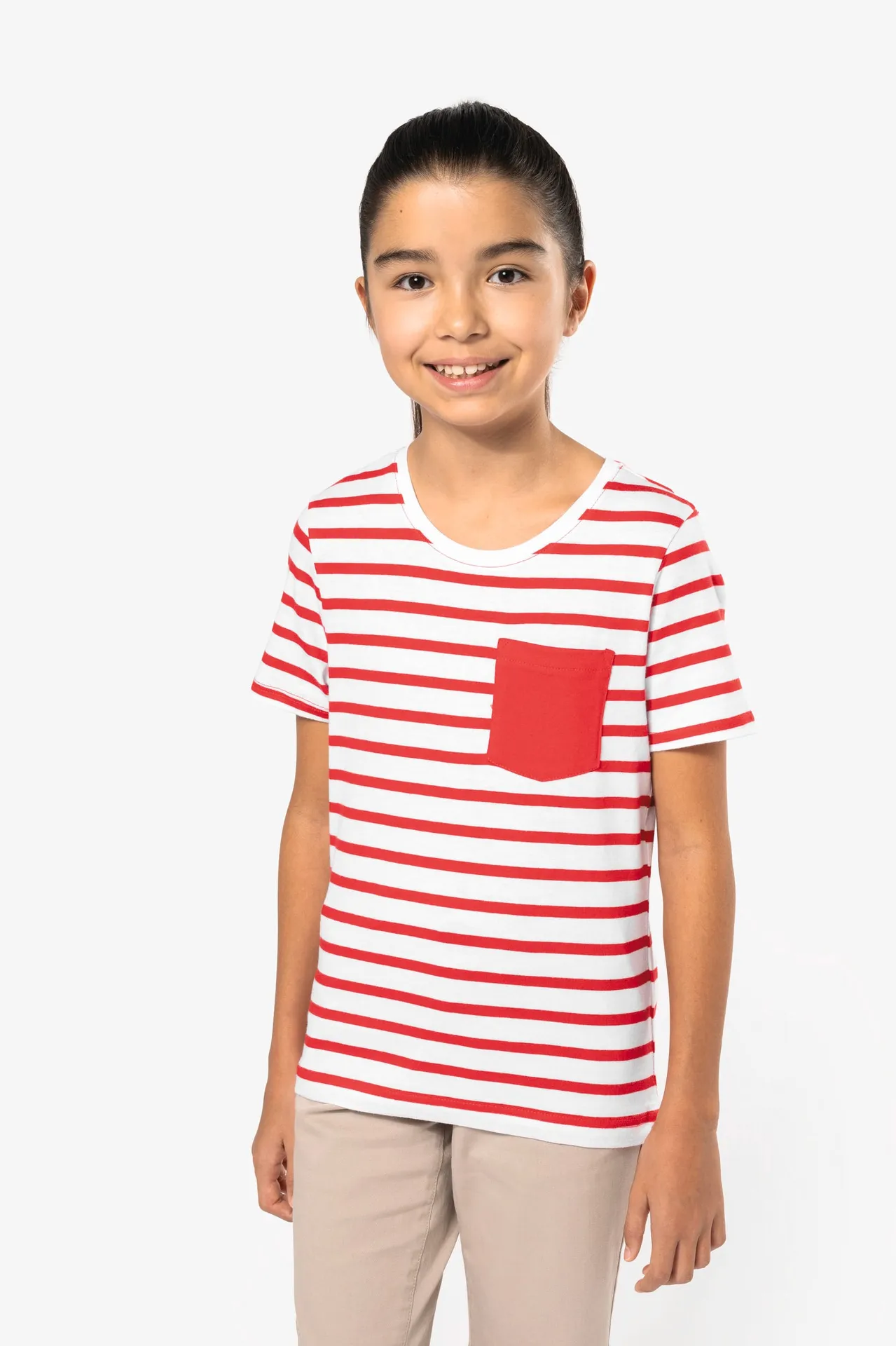 Gestreiftes Kurzarm-T-Shirt mit Tasche für Kinder im Marine-Stil