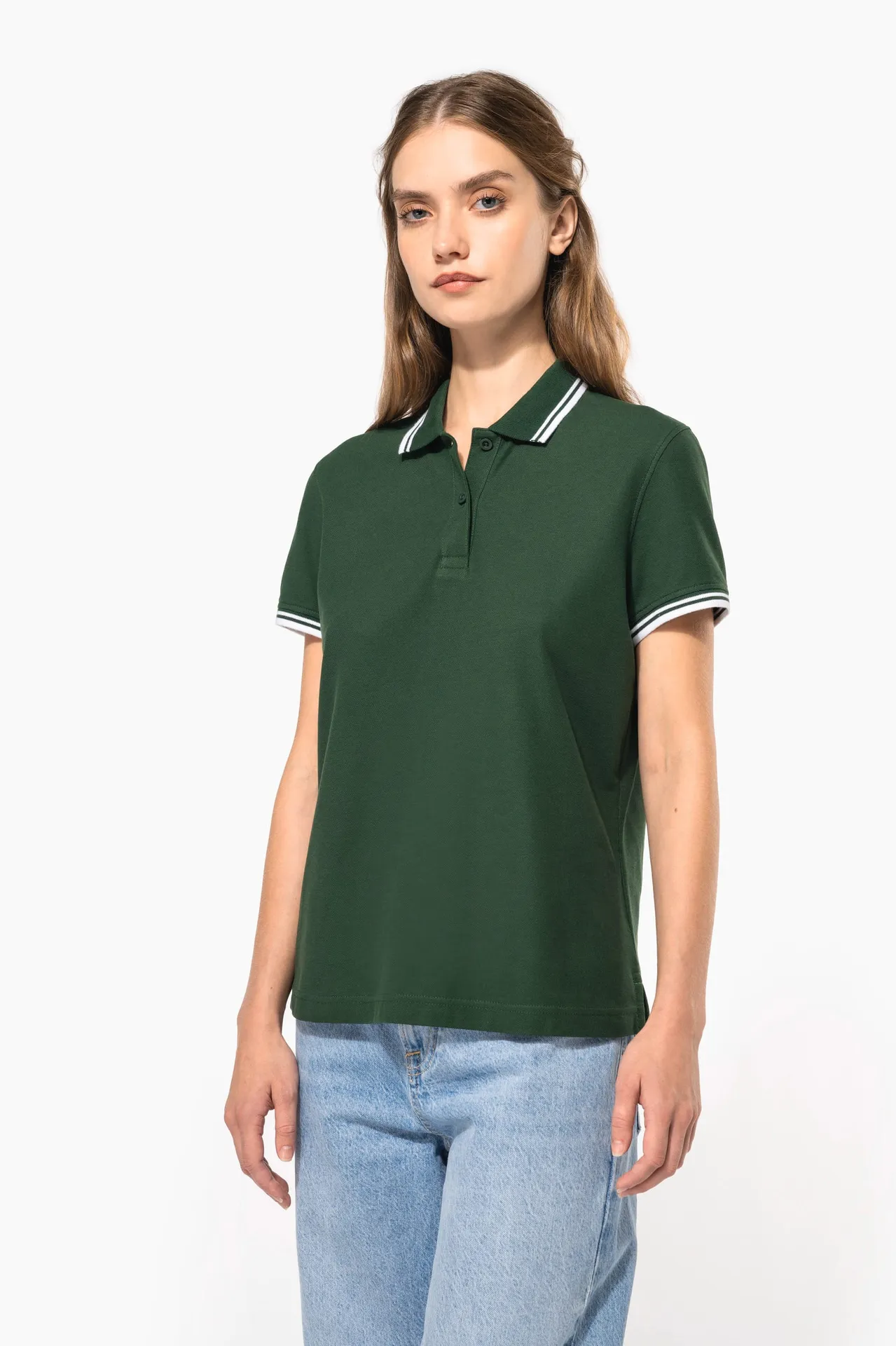 Damen Poloshirt mit kurzen Ärmeln und kontrastfarbenen Paspeln