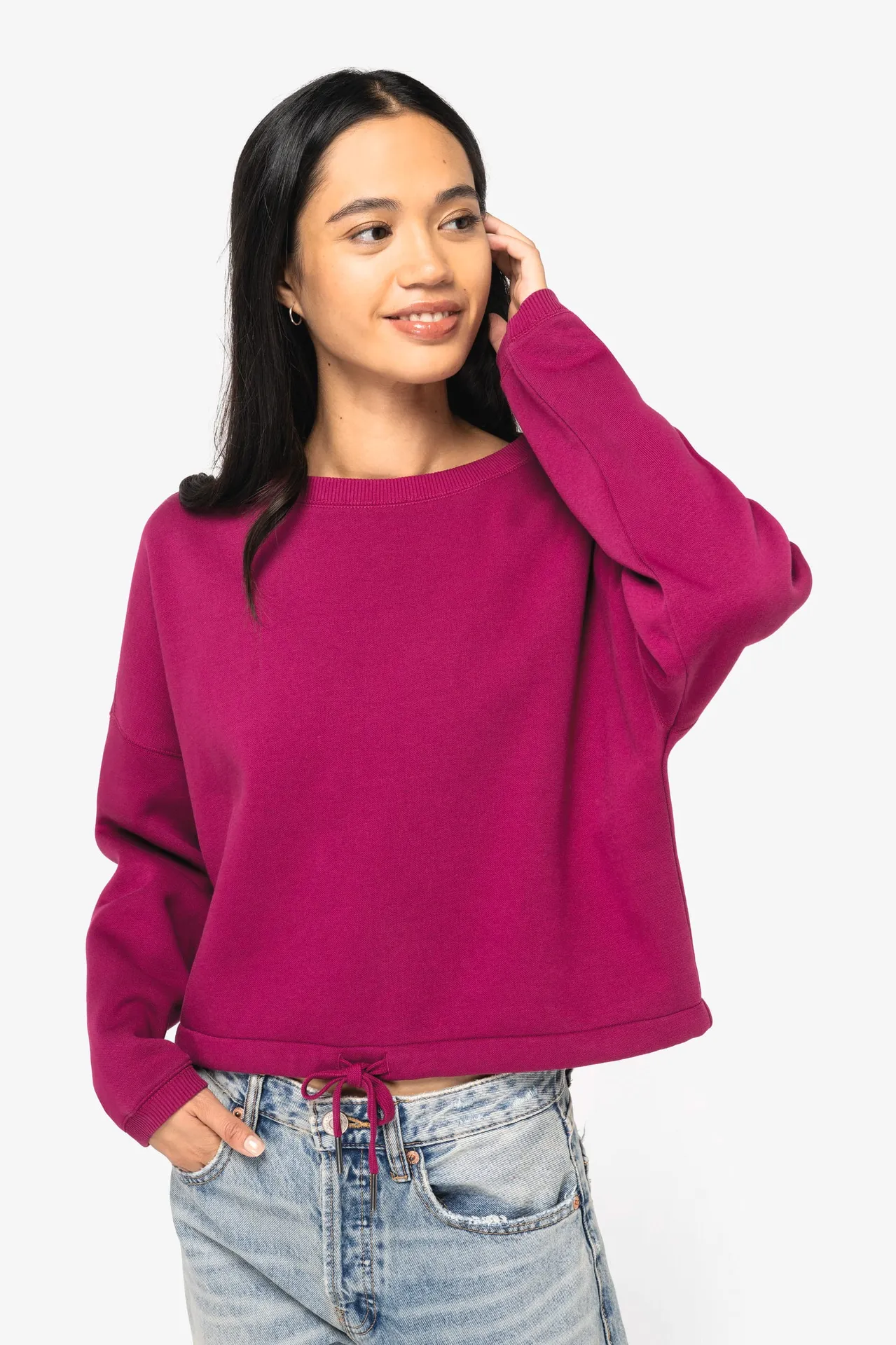 Umweltfreundliches cropped Oversize Damen Sweatshirt mit Rundhalsausschnitt