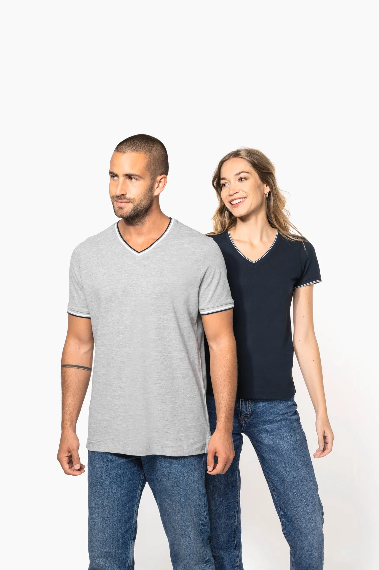 Damen T-Shirt aus Piqué-Trikot mit V-Ausschnitt