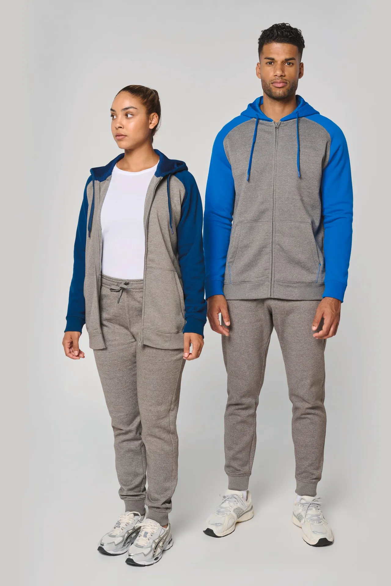 Zweifarbige Unisex-Fleecejacke mit Reißverschluss und Kapuze