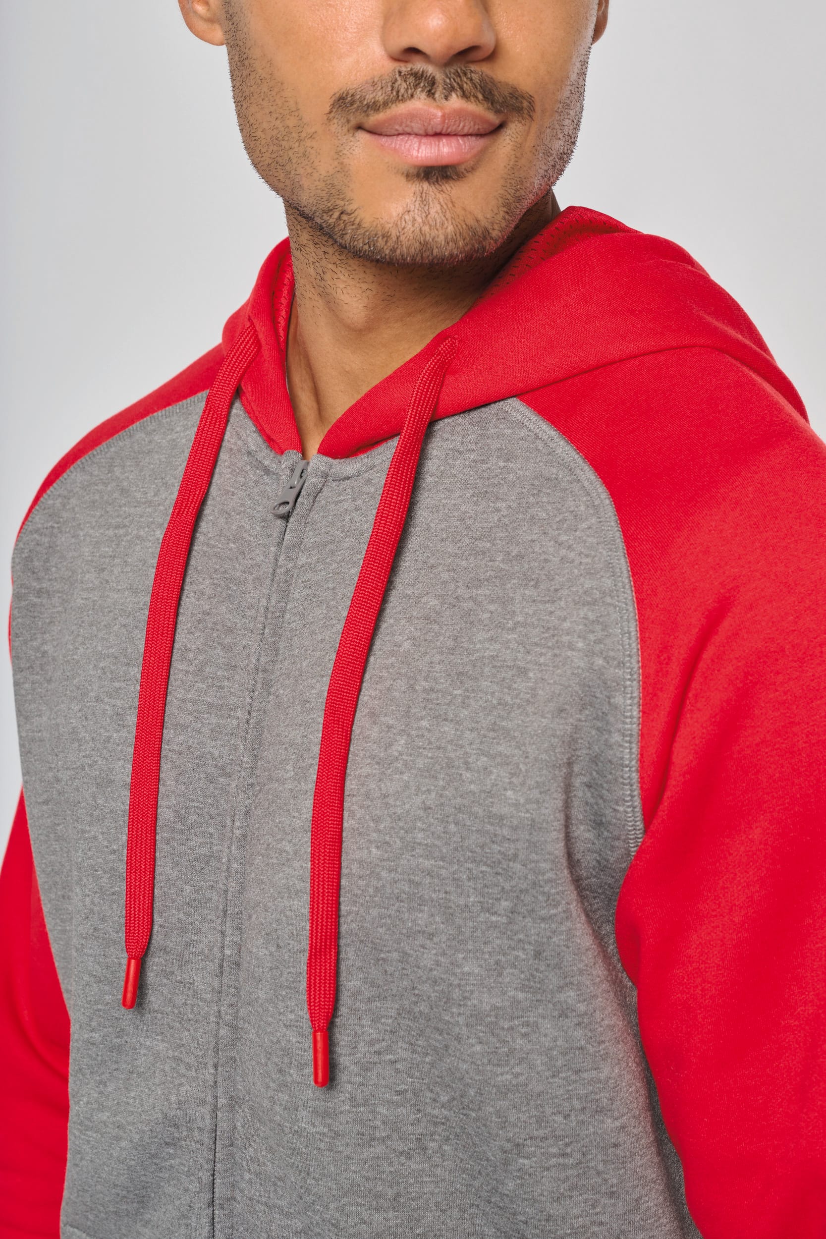 Zweifarbige Unisex-Fleecejacke mit Reißverschluss und Kapuze