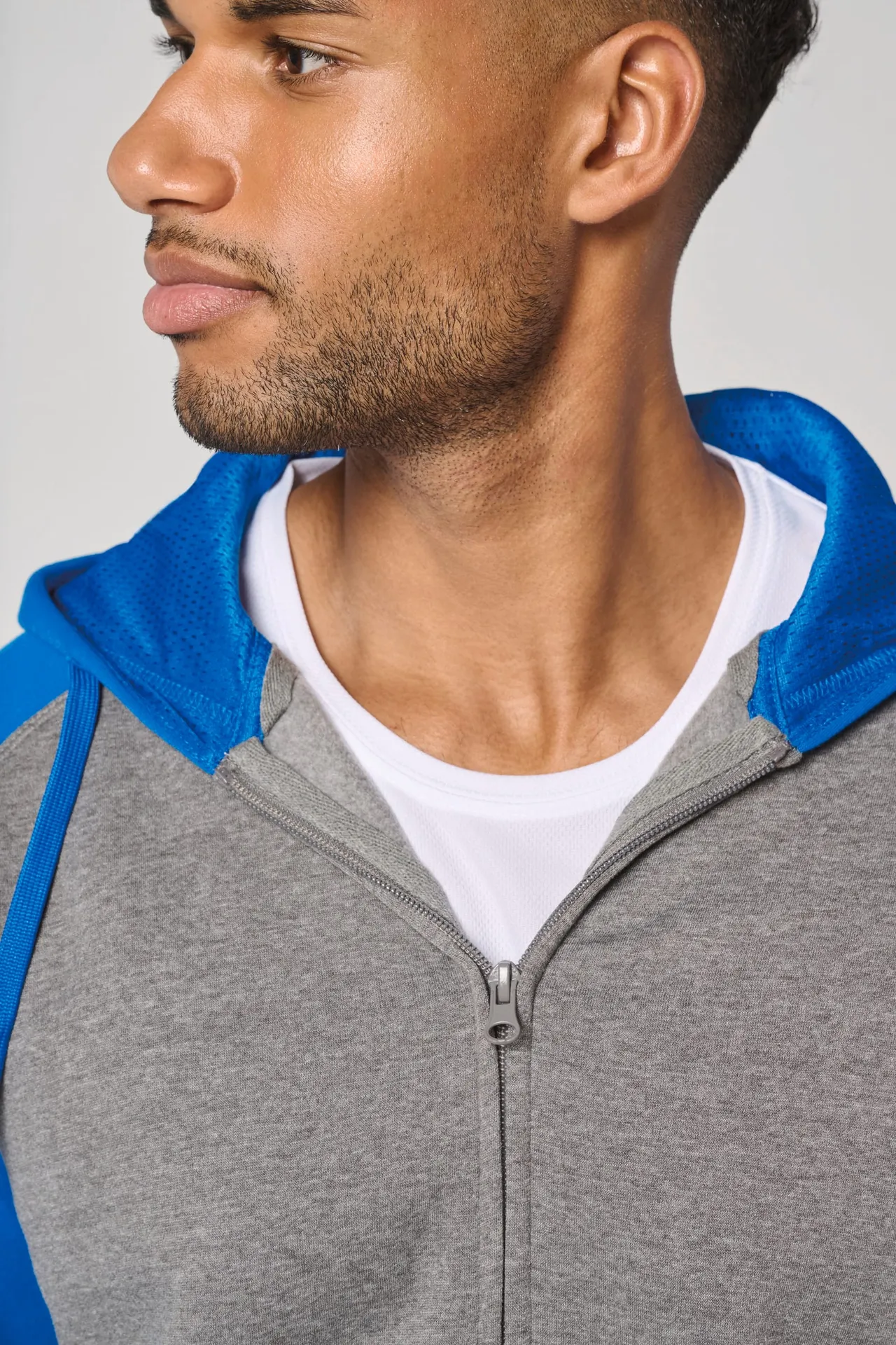 Zweifarbige Unisex-Fleecejacke mit Reißverschluss und Kapuze