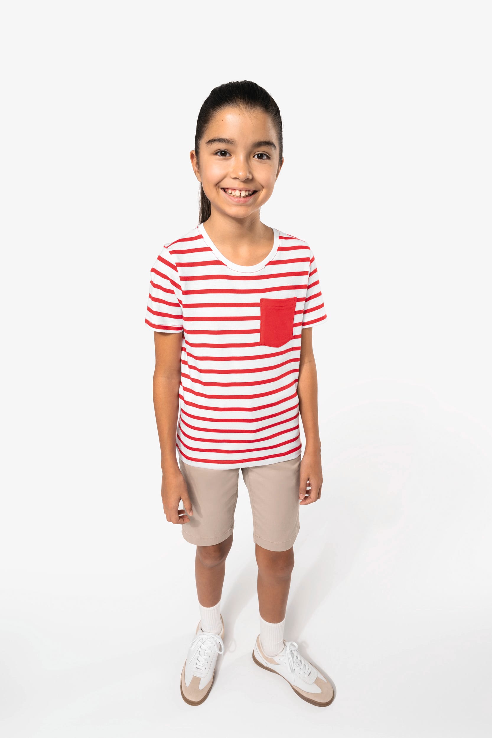 Gestreiftes Kurzarm-T-Shirt mit Tasche für Kinder im Marine-Stil