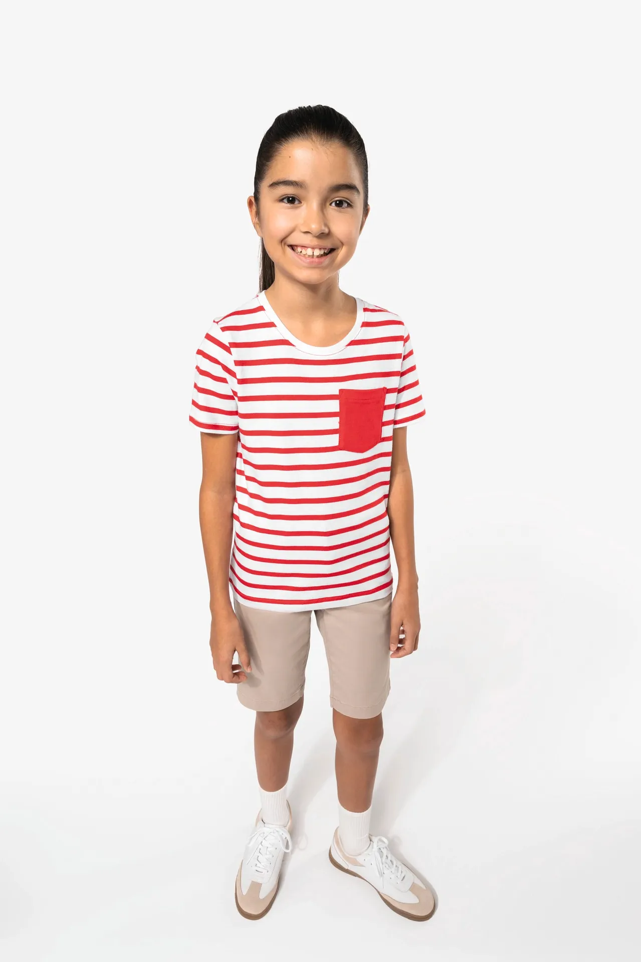 Gestreiftes Kurzarm-T-Shirt mit Tasche für Kinder im Marine-Stil