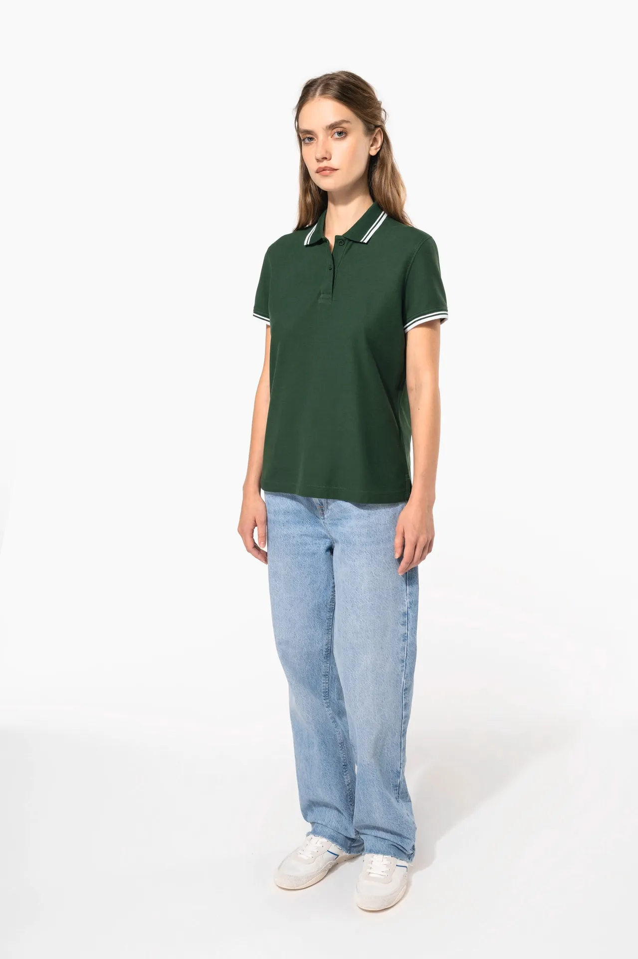 Damen Poloshirt mit kurzen Ärmeln und kontrastfarbenen Paspeln