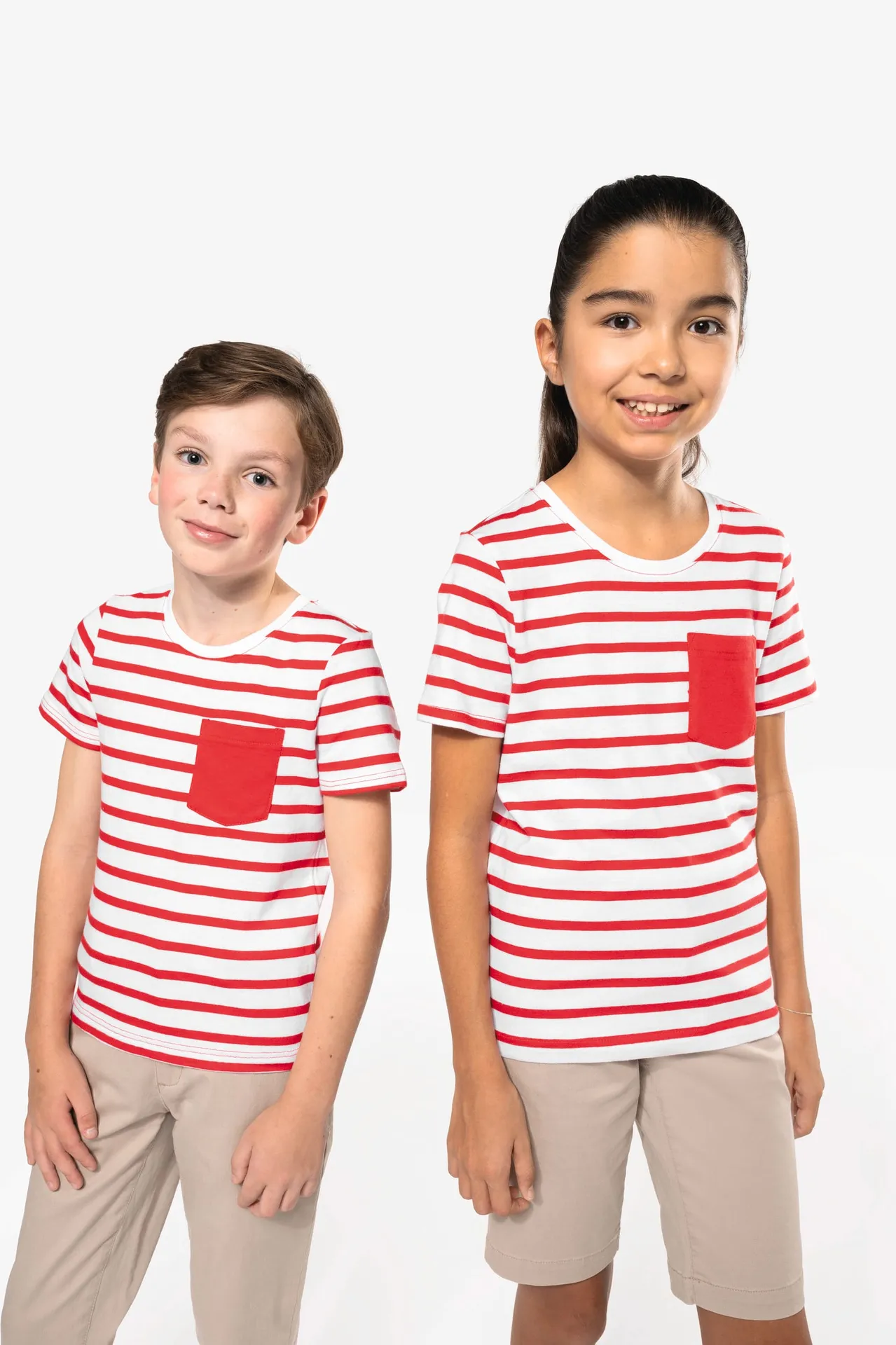 Gestreiftes Kurzarm-T-Shirt mit Tasche für Kinder im Marine-Stil