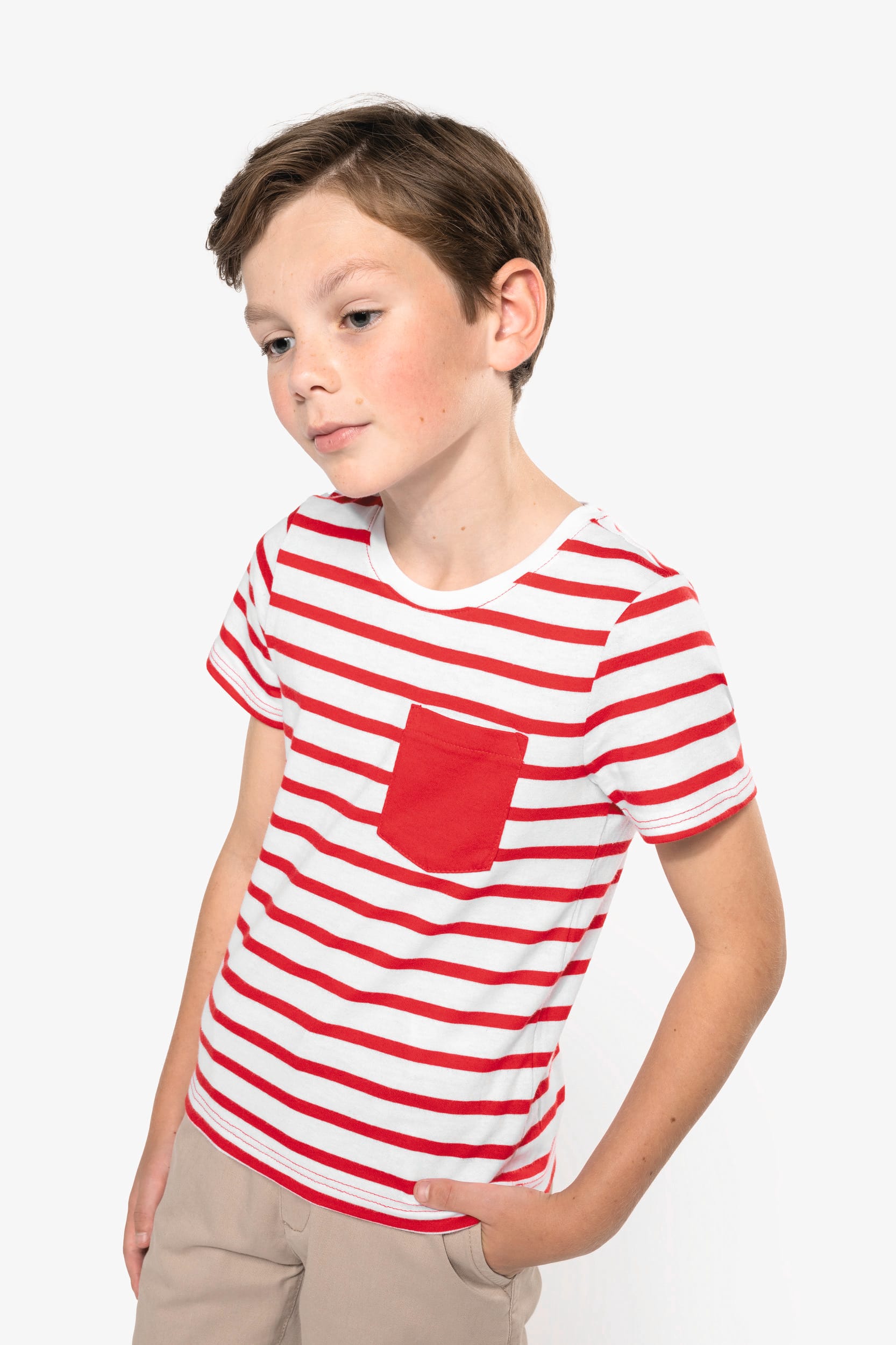 Gestreiftes Kurzarm-T-Shirt mit Tasche für Kinder im Marine-Stil