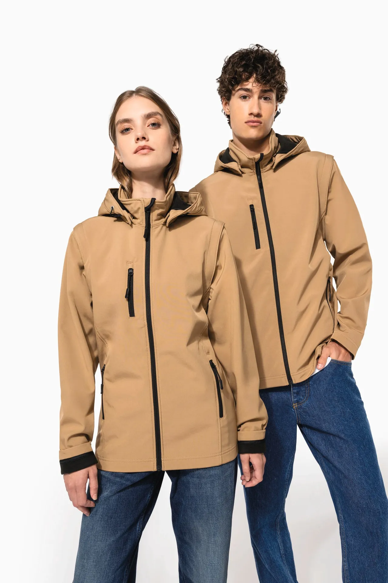 3-lagige Unisex-Softshell-Jacke mit Kapuze und abnehmbaren Ärmeln