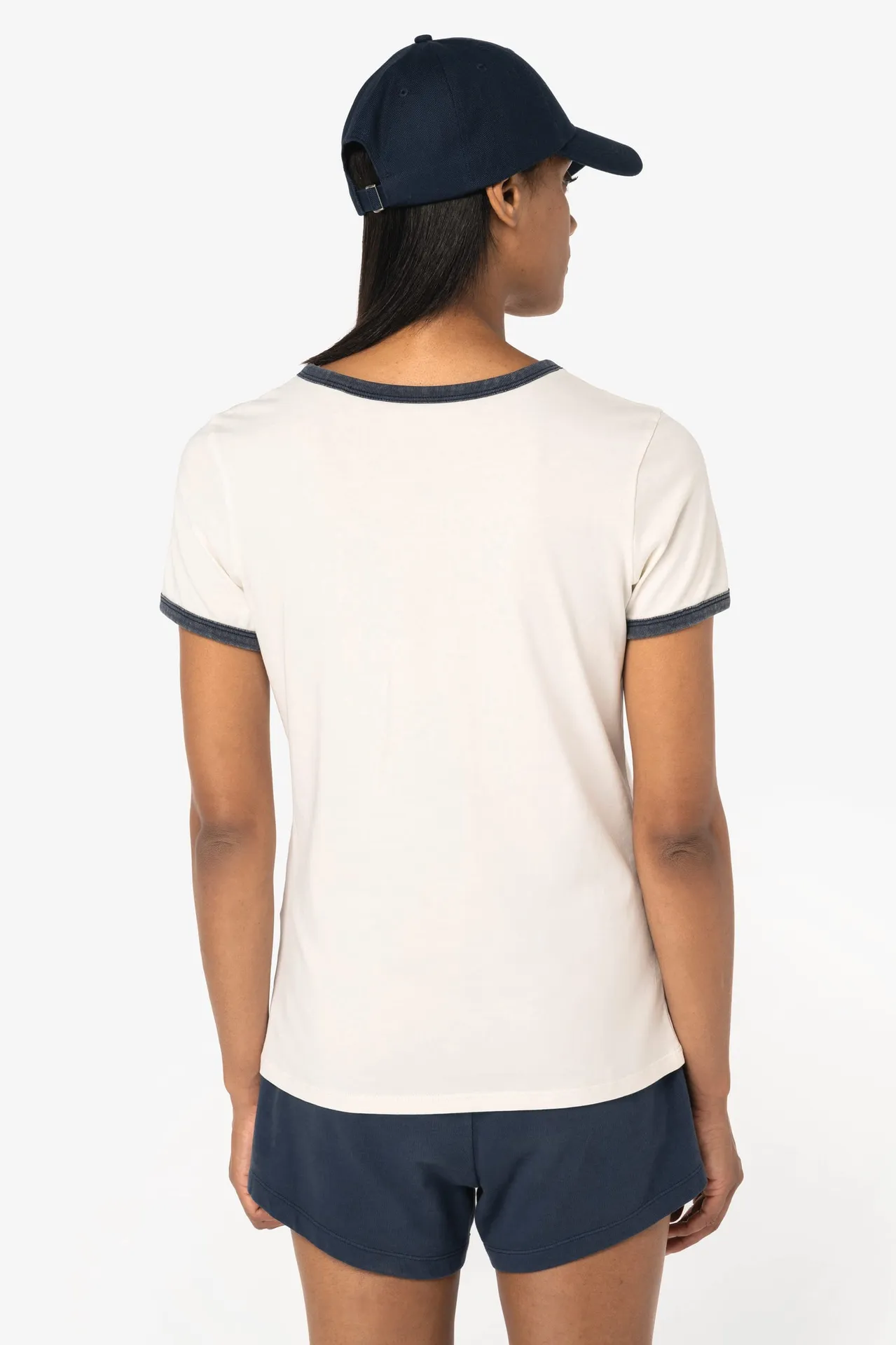 Umweltfreundliches Ringer-T-Shirt mit kontrastierenden Kanten, verwaschener Effekt, Damen