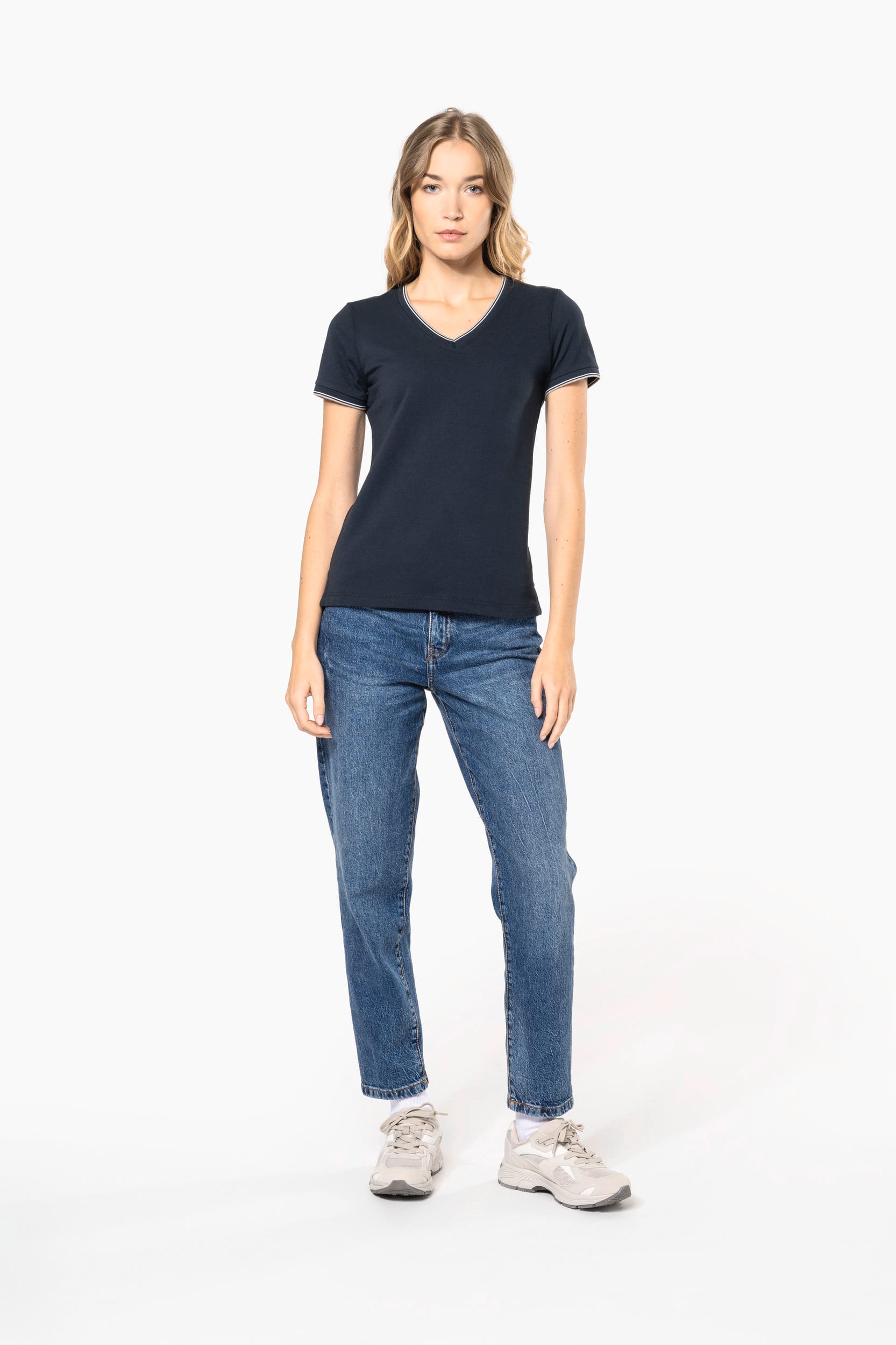 Damen T-Shirt aus Piqué-Trikot mit V-Ausschnitt