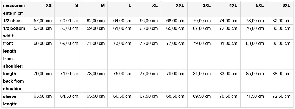 grössentabelle des Produktes