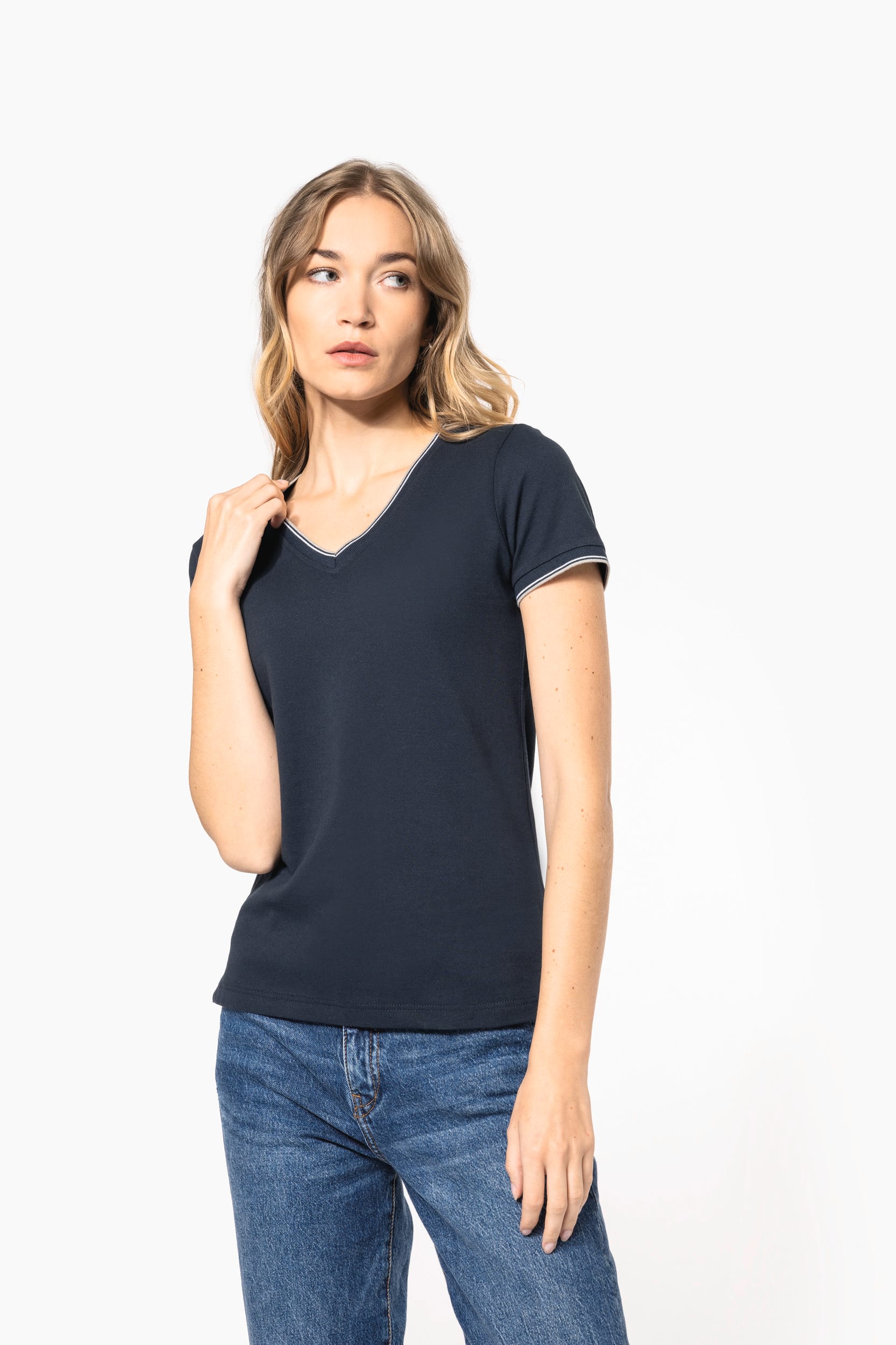 Damen T-Shirt aus Piqué-Trikot mit V-Ausschnitt