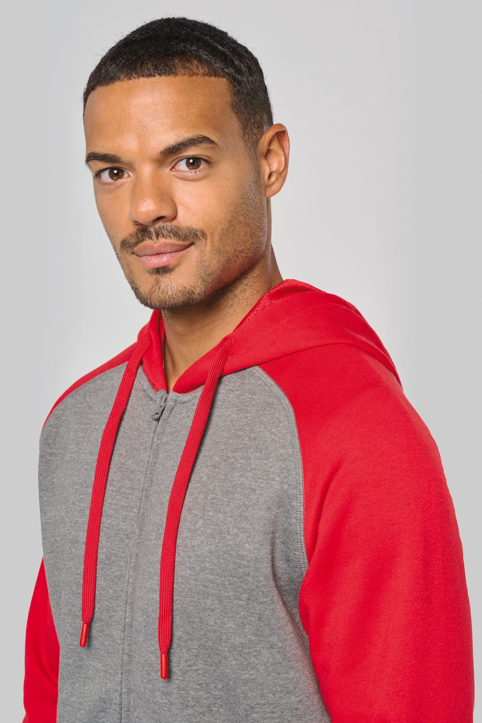 Zweifarbige Unisex-Fleecejacke mit Reißverschluss und Kapuze