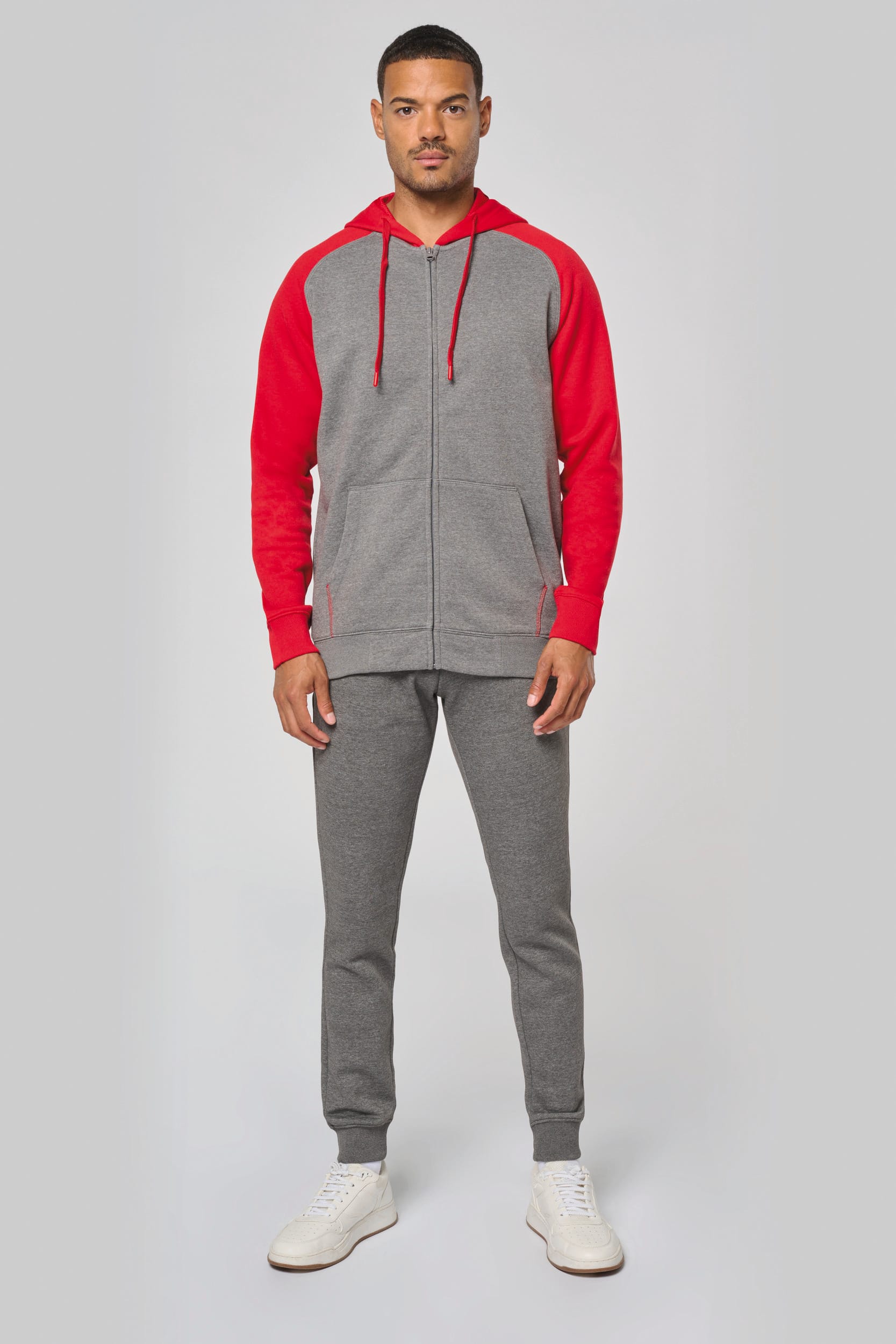 Zweifarbige Unisex-Fleecejacke mit Reißverschluss und Kapuze