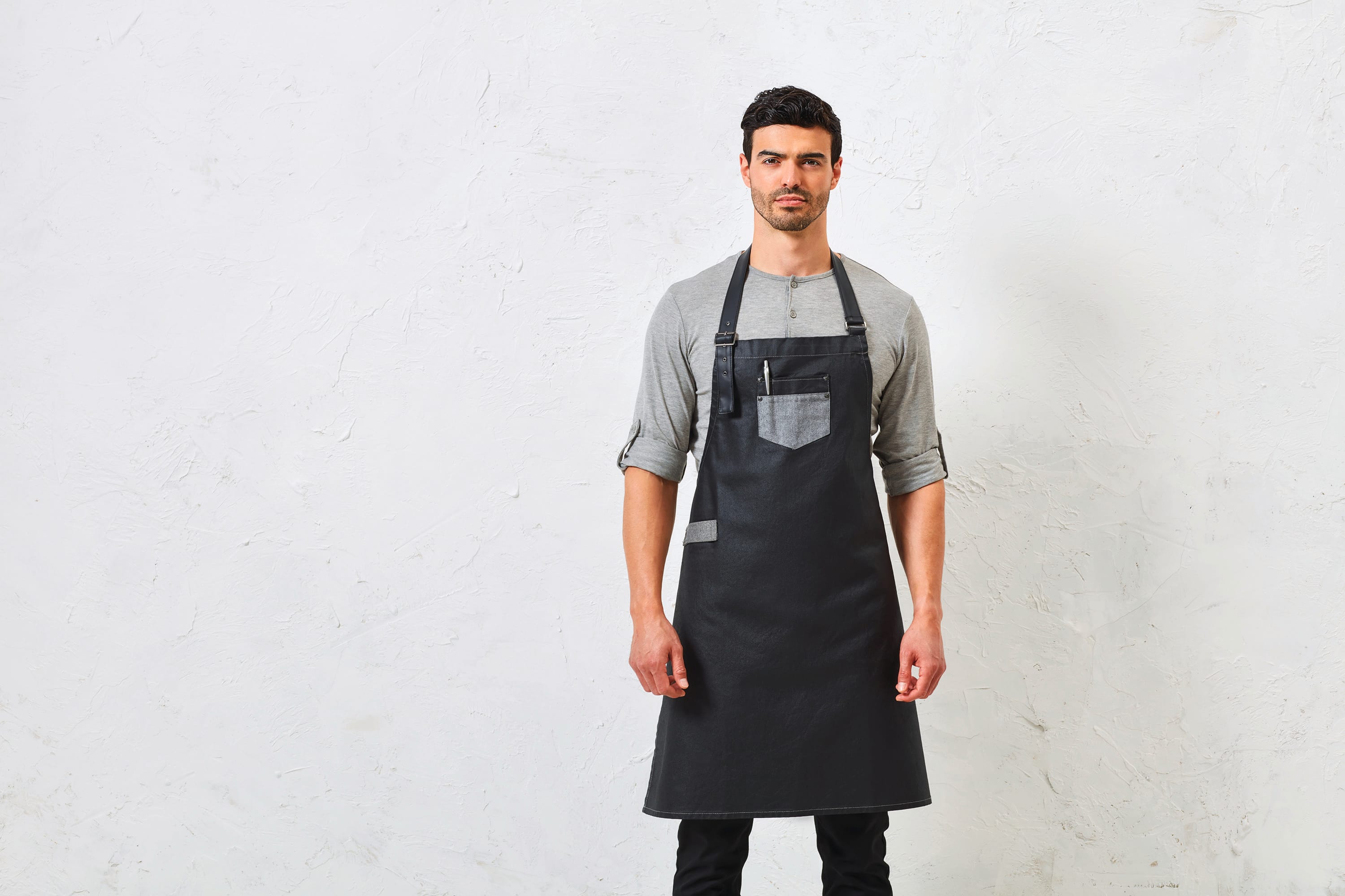 Division - Waxed look denim bib apron with faux leather