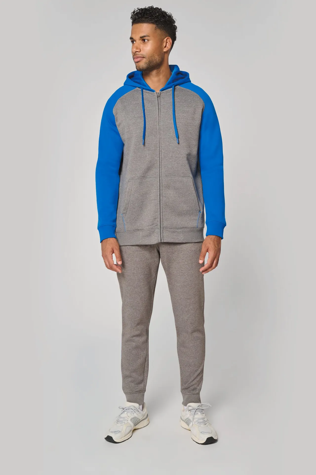 Zweifarbige Unisex-Fleecejacke mit Reißverschluss und Kapuze