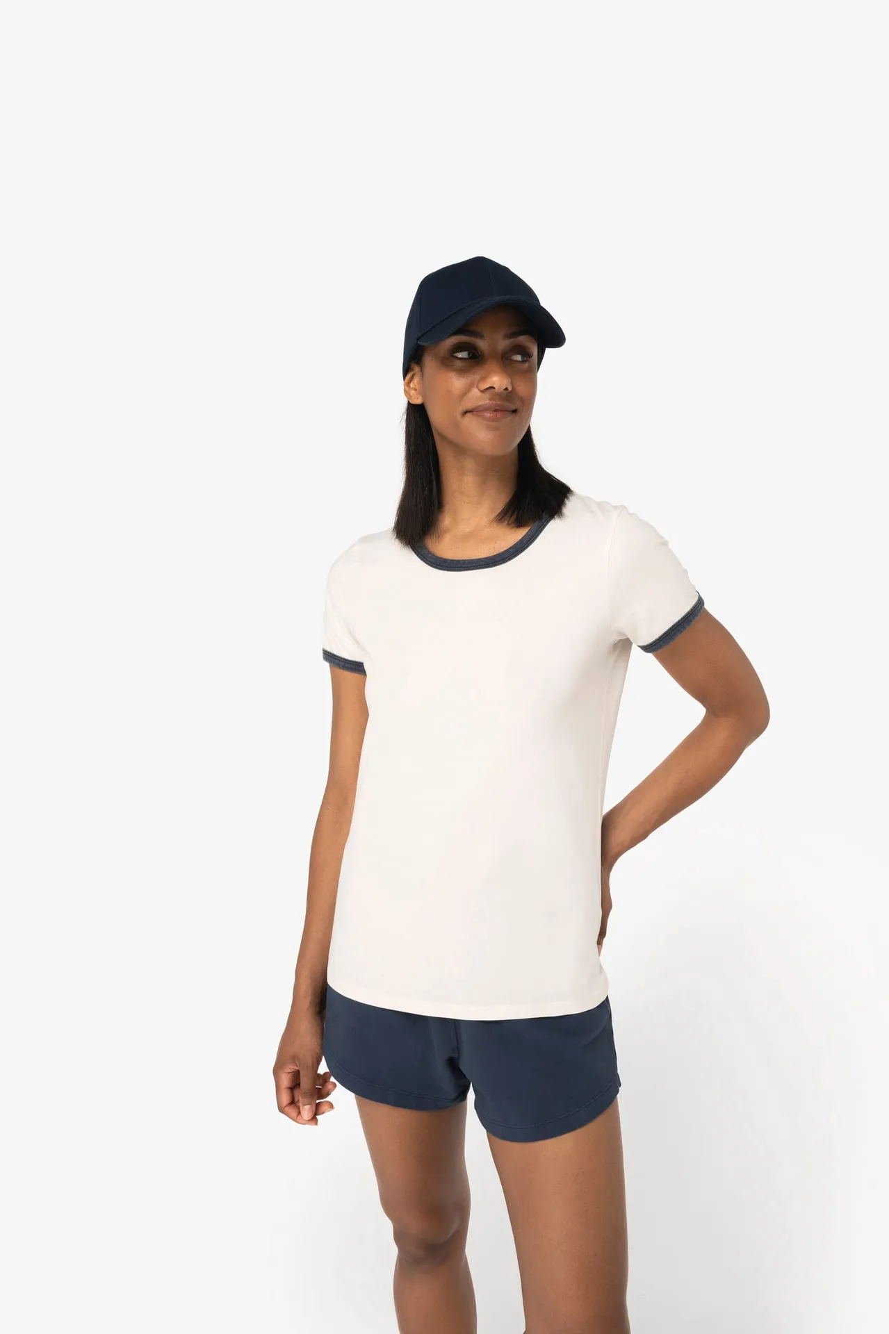 Umweltfreundliches Ringer-T-Shirt mit kontrastierenden Kanten, verwaschener Effekt, Damen