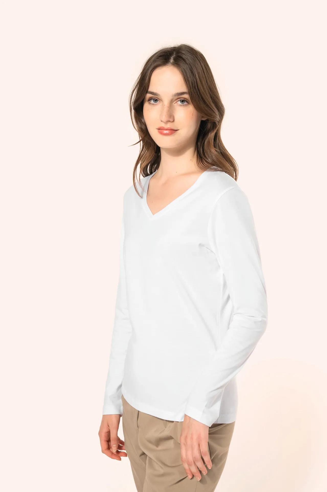 Supima® Damen-T-Shirt mit V-Ausschnitt und langen Ärmeln