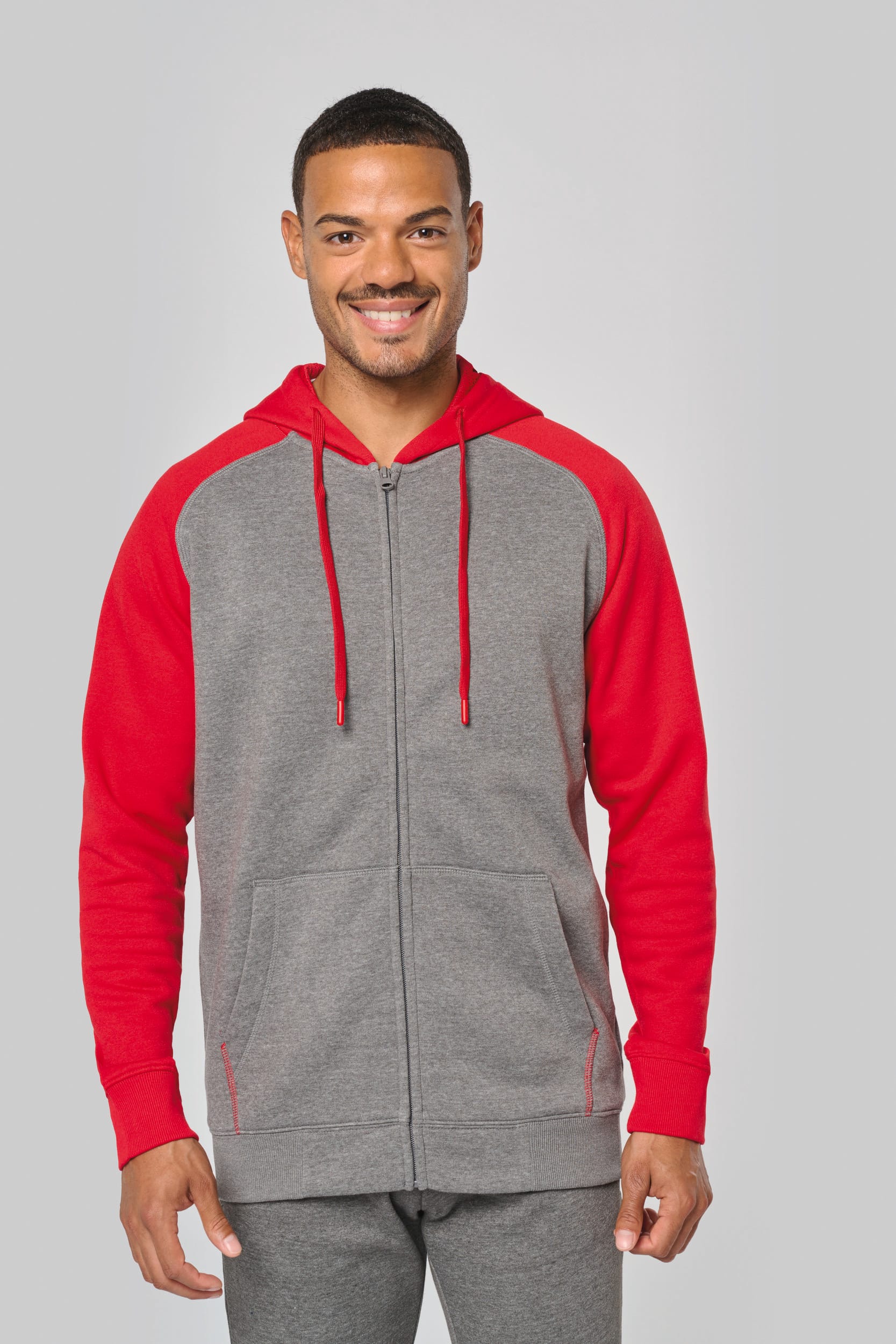 Zweifarbige Unisex-Fleecejacke mit Reißverschluss und Kapuze