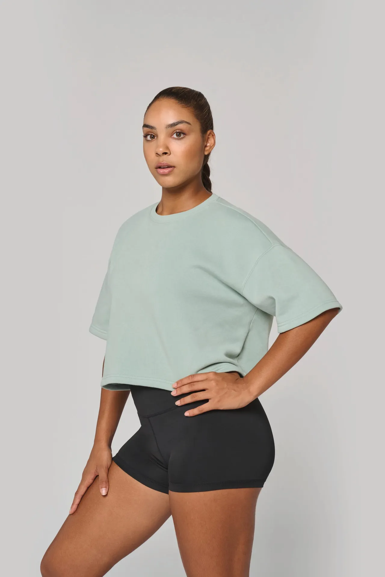Damen Cropped-Sweatshirt mit kurzen Ärmeln und Rundhalsausschnitt