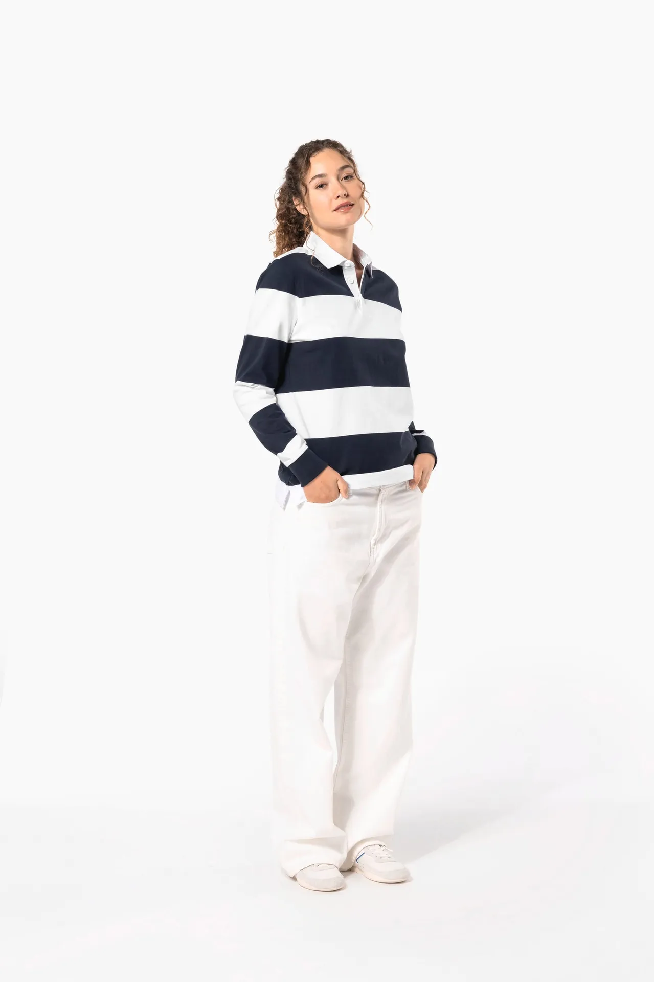 Gestreiftes Polohemd mit langen Ärmeln, Unisex