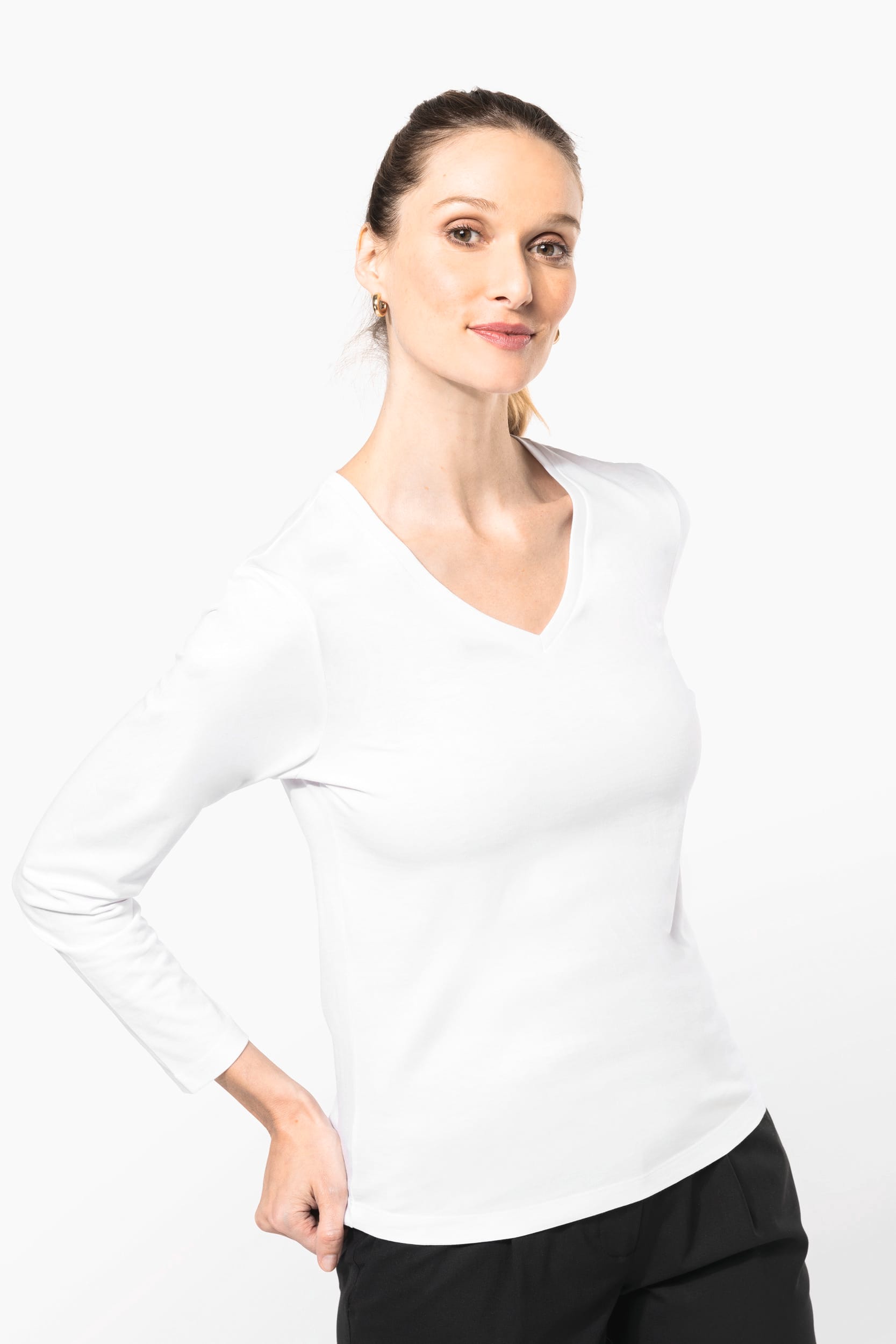 Supima® Damen-T-Shirt mit V-Ausschnitt und langen Ärmeln