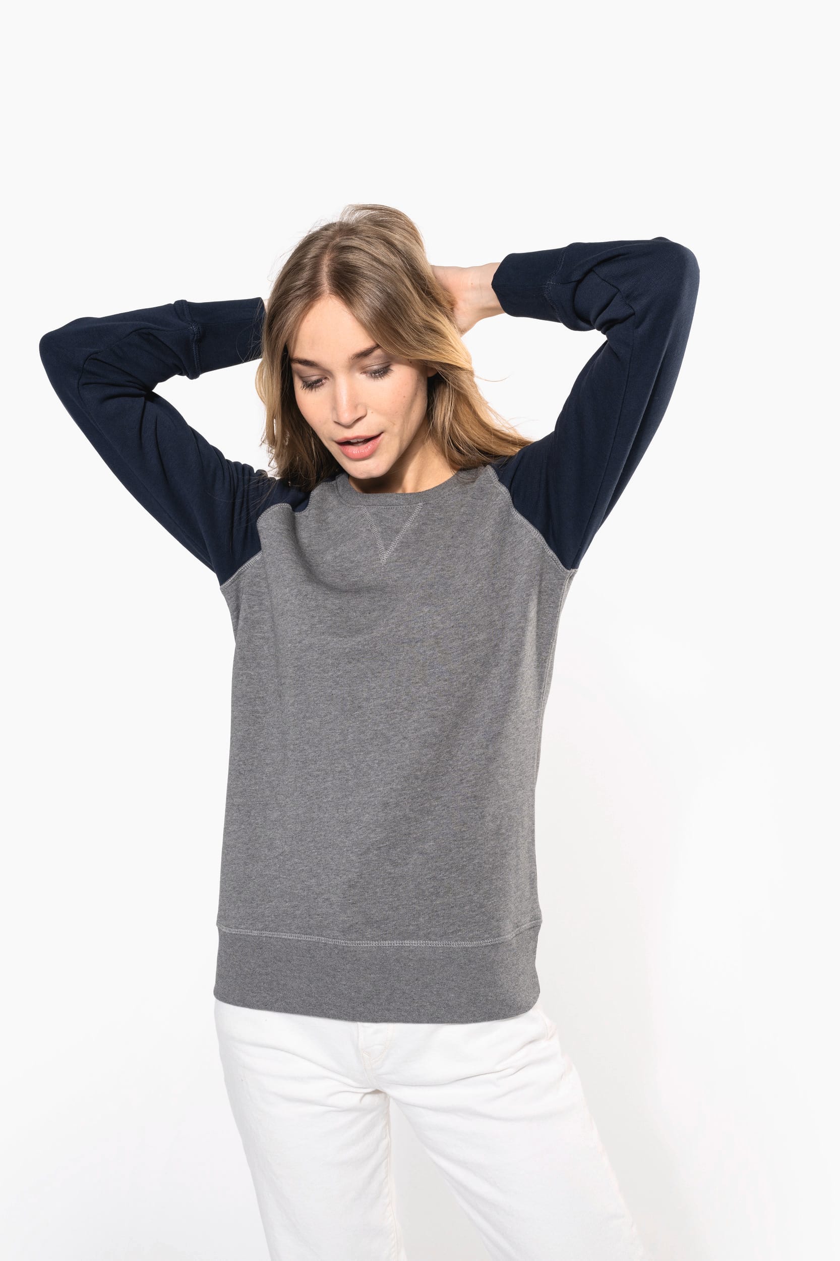 Zweifarbiges Damen-Sweatshirt French Terry BIO mit Rundhalsausschnitt und Raglanärmeln
